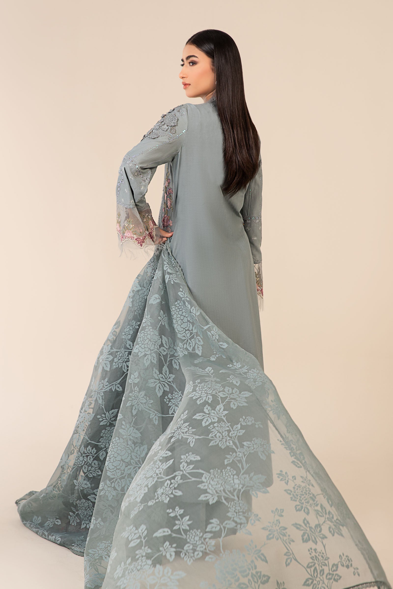 Pakistani Blue Embroidered Dobby Salwar Kameez (3-Piece) - Image 9