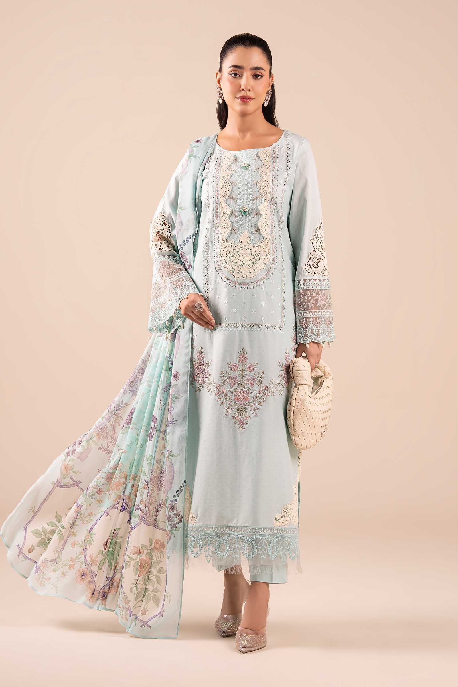 Pakistani Sky Blue Embroidered Dobby 3-Piece Suit - Image 1