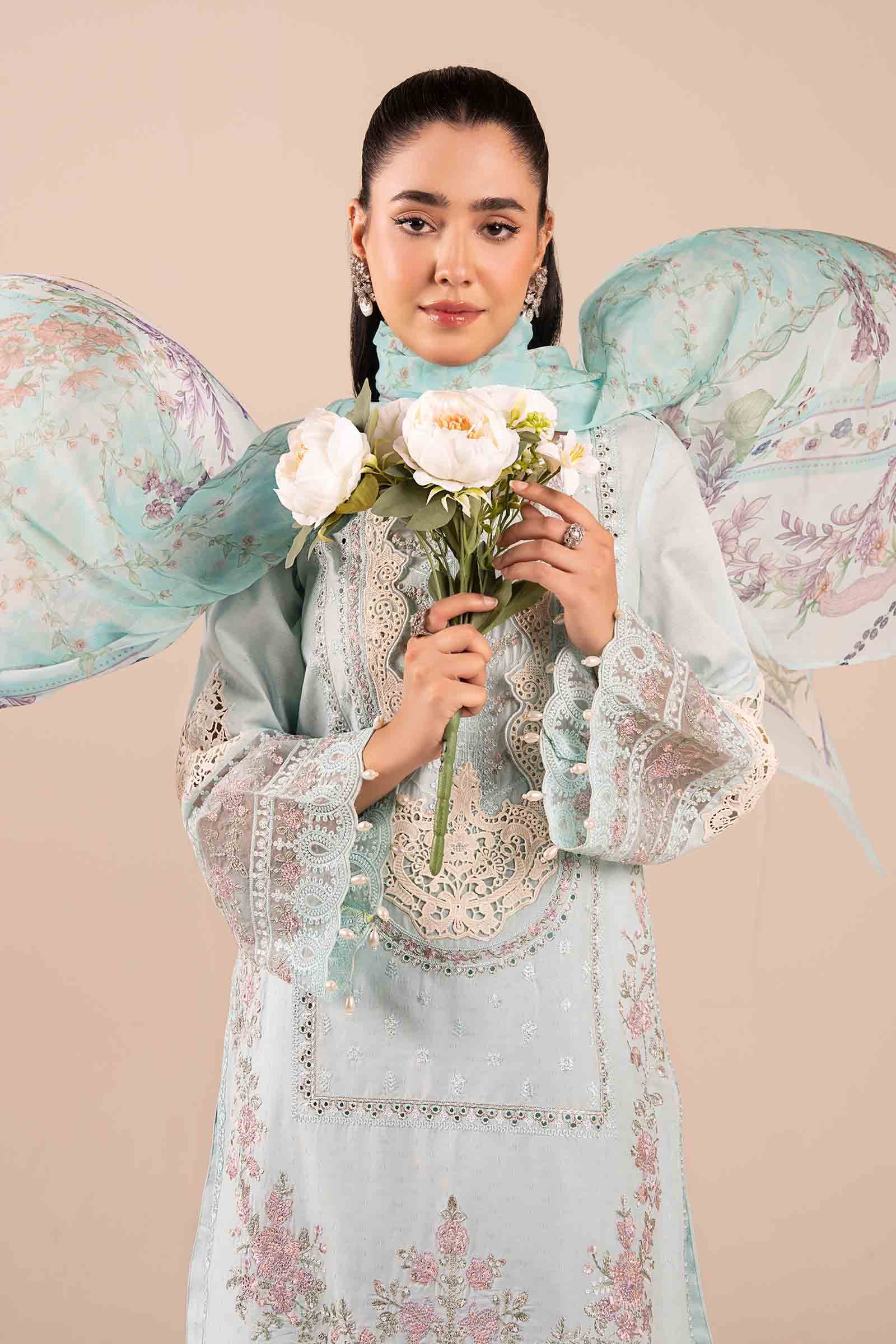 Pakistani Sky Blue Embroidered Dobby 3-Piece Suit - Image 2