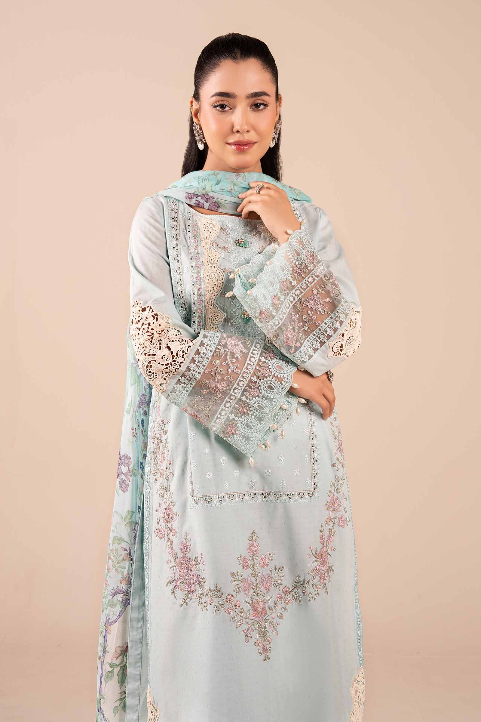 Pakistani Sky Blue Embroidered Dobby 3-Piece Suit - Image 3