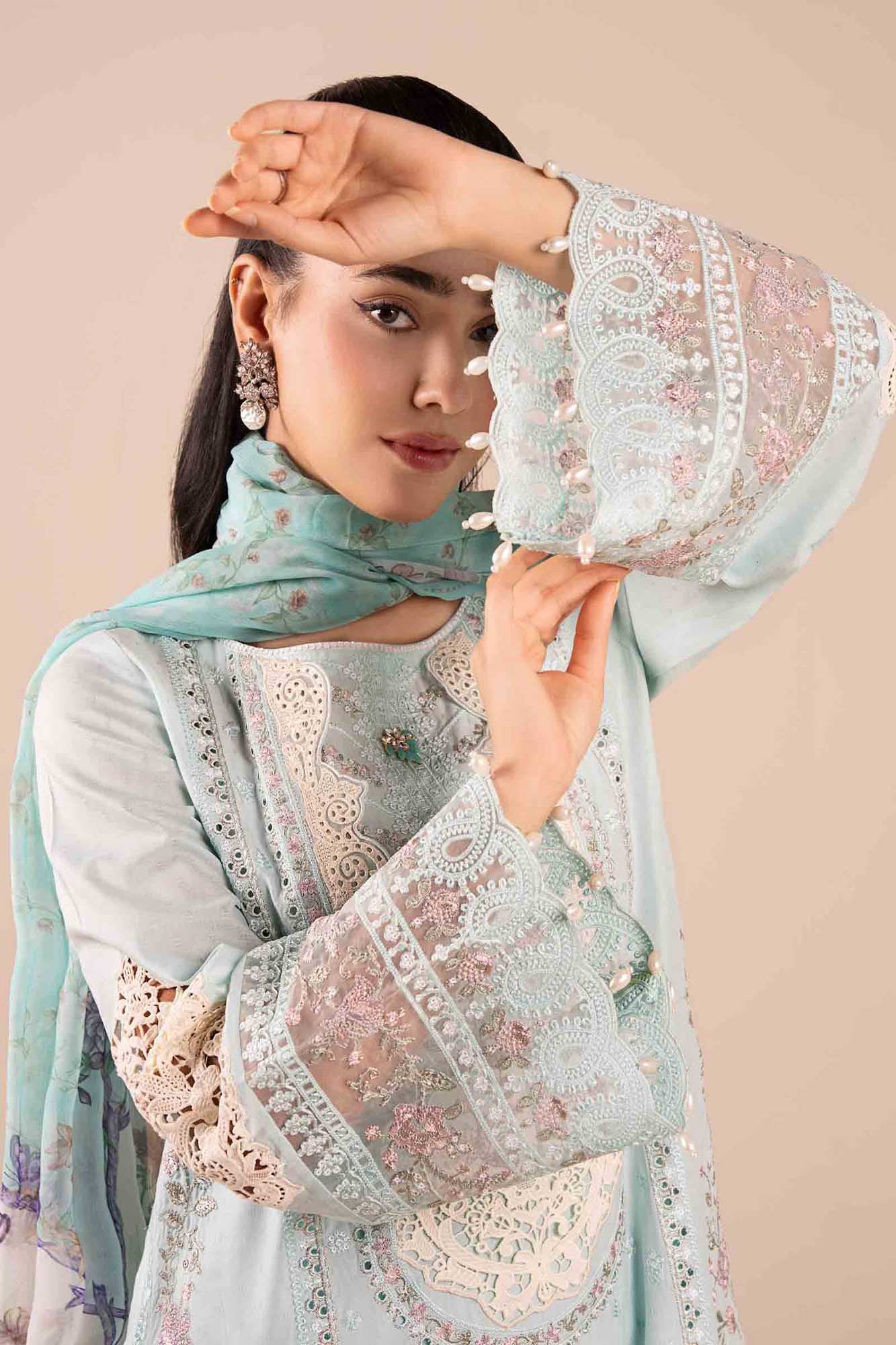 Pakistani Sky Blue Embroidered Dobby 3-Piece Suit - Image 4