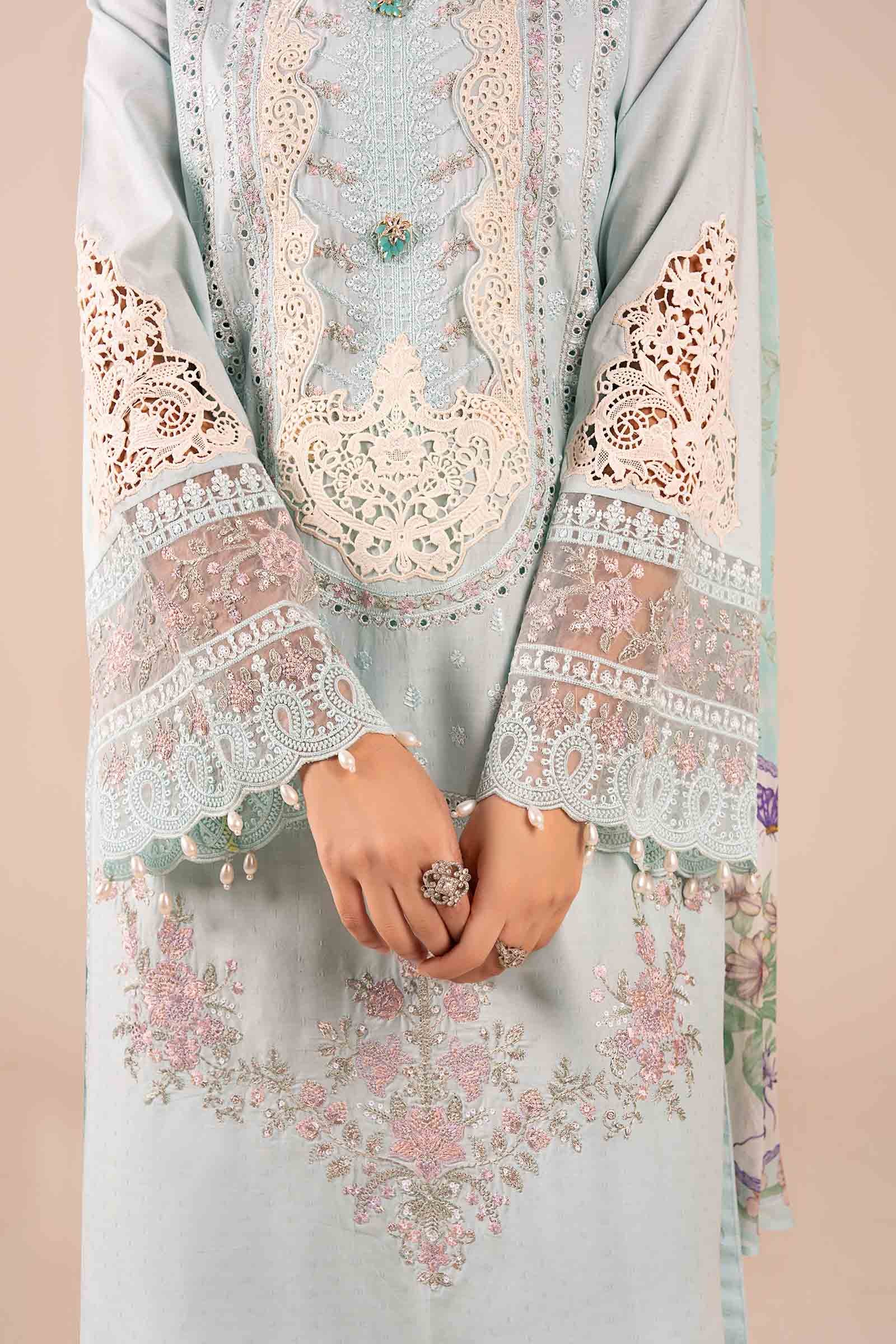 Pakistani Sky Blue Embroidered Dobby 3-Piece Suit - Image 5
