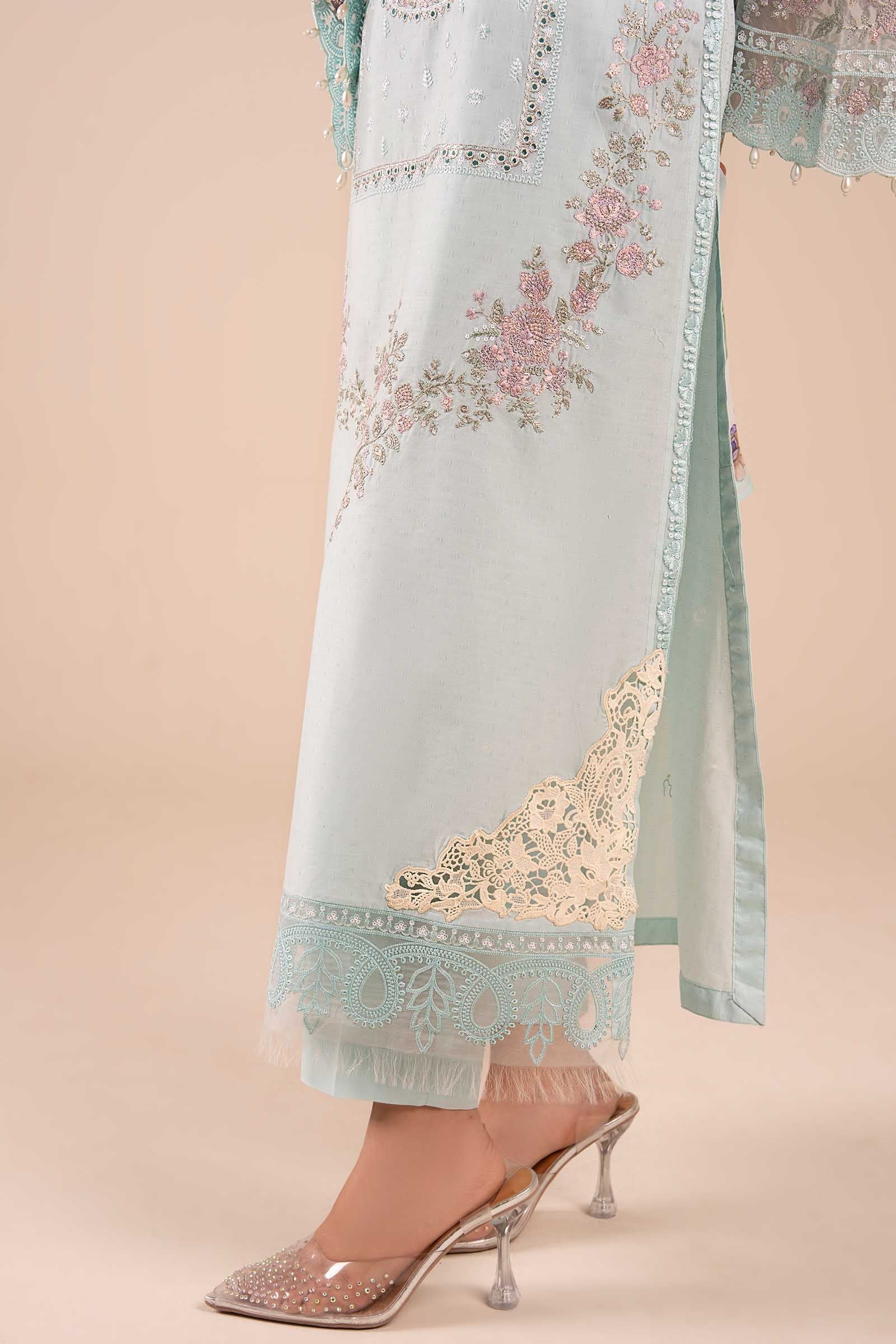 Pakistani Sky Blue Embroidered Dobby 3-Piece Suit - Image 6