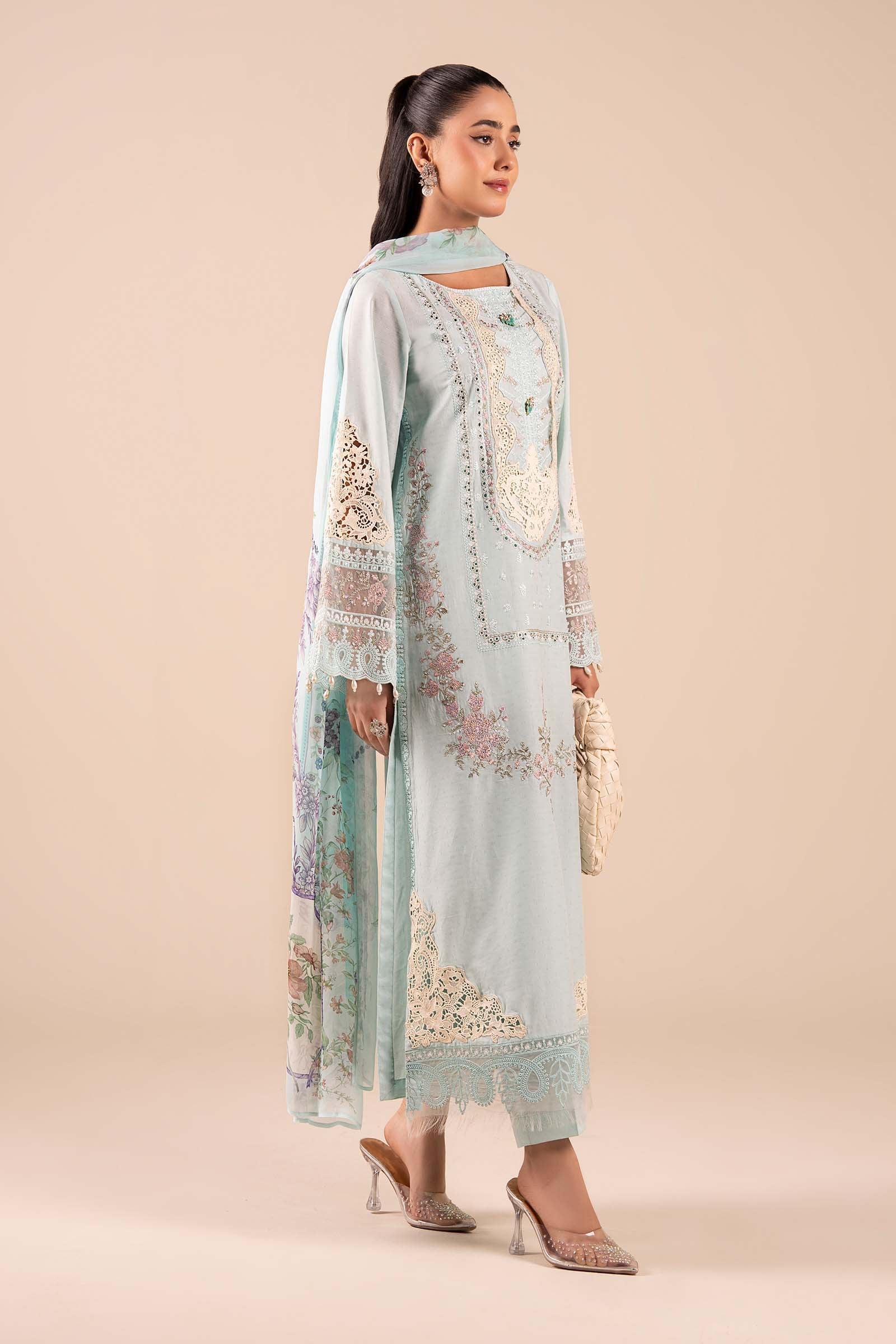 Pakistani Sky Blue Embroidered Dobby 3-Piece Suit - Image 7