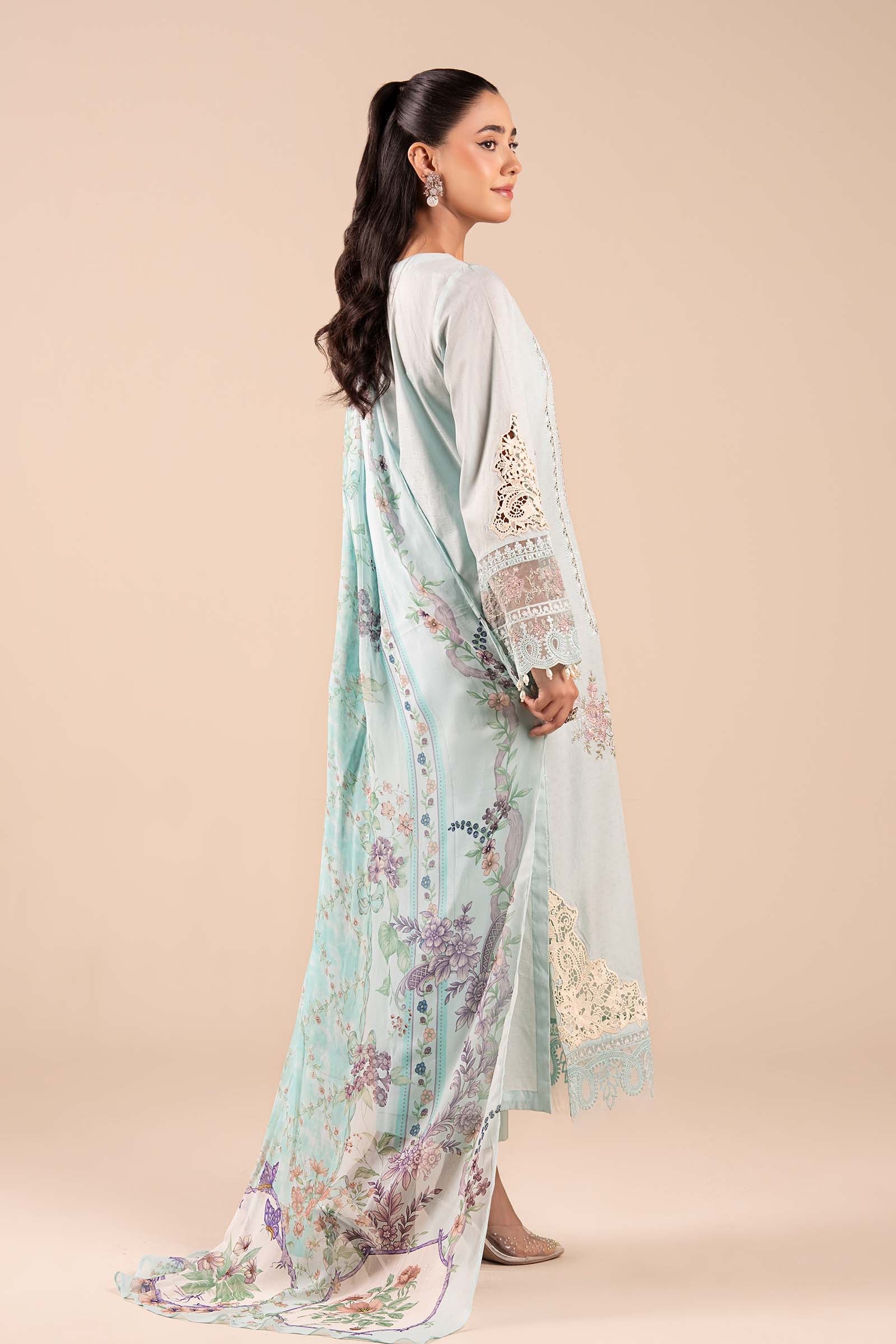 Pakistani Sky Blue Embroidered Dobby 3-Piece Suit - Image 8