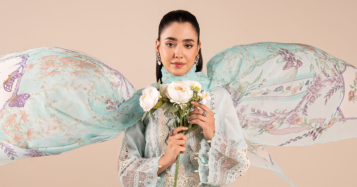 Pakistani Sky Blue Embroidered Dobby 3-Piece Suit - Image 9