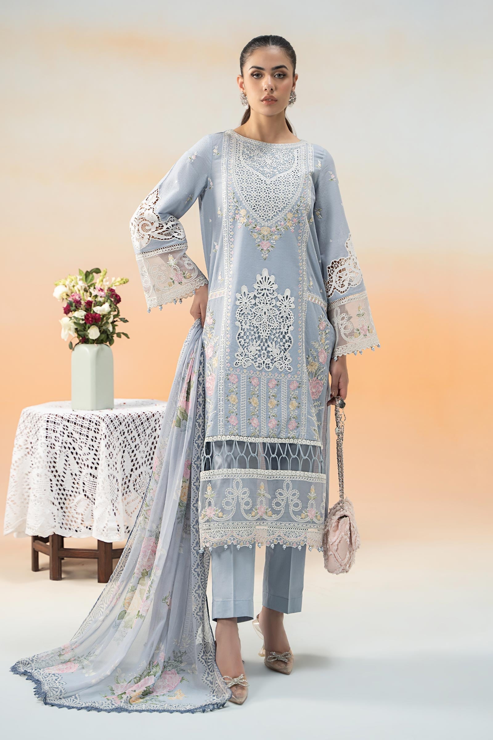 Pakistani Ice Blue Embroidered Dobby Lawn 3-Piece Suit - Image 1