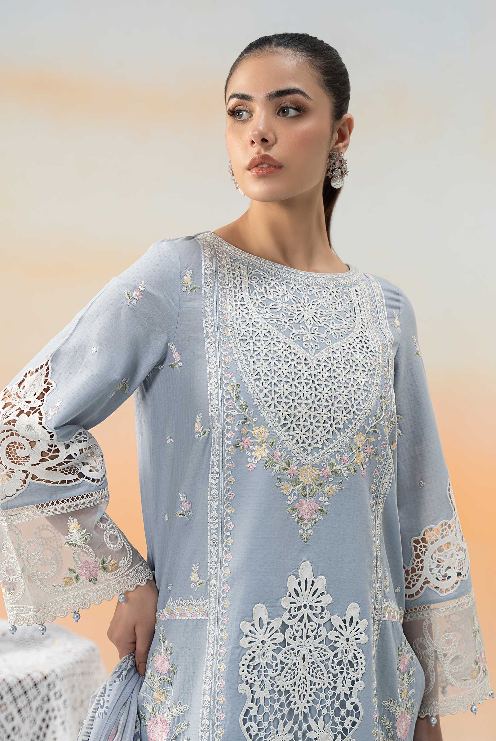 Pakistani Ice Blue Embroidered Dobby Lawn 3-Piece Suit - Image 2