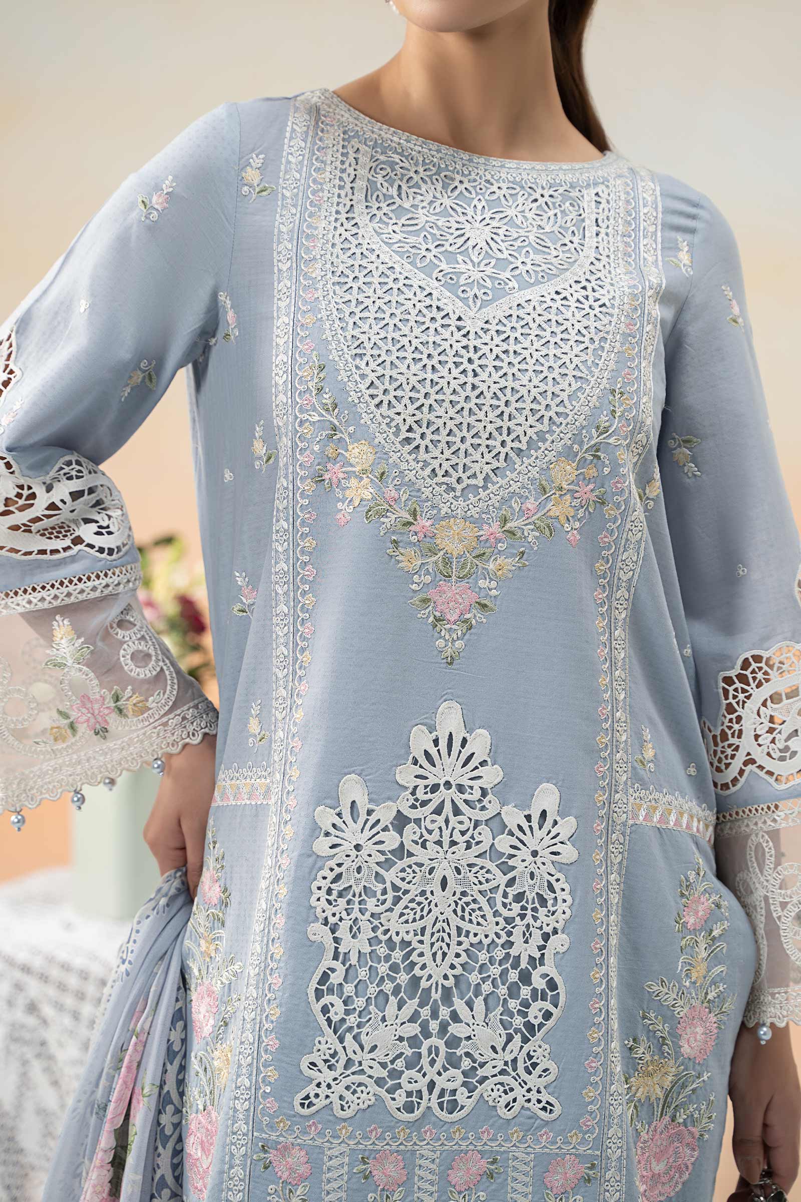 Pakistani Ice Blue Embroidered Dobby Lawn 3-Piece Suit - Image 4
