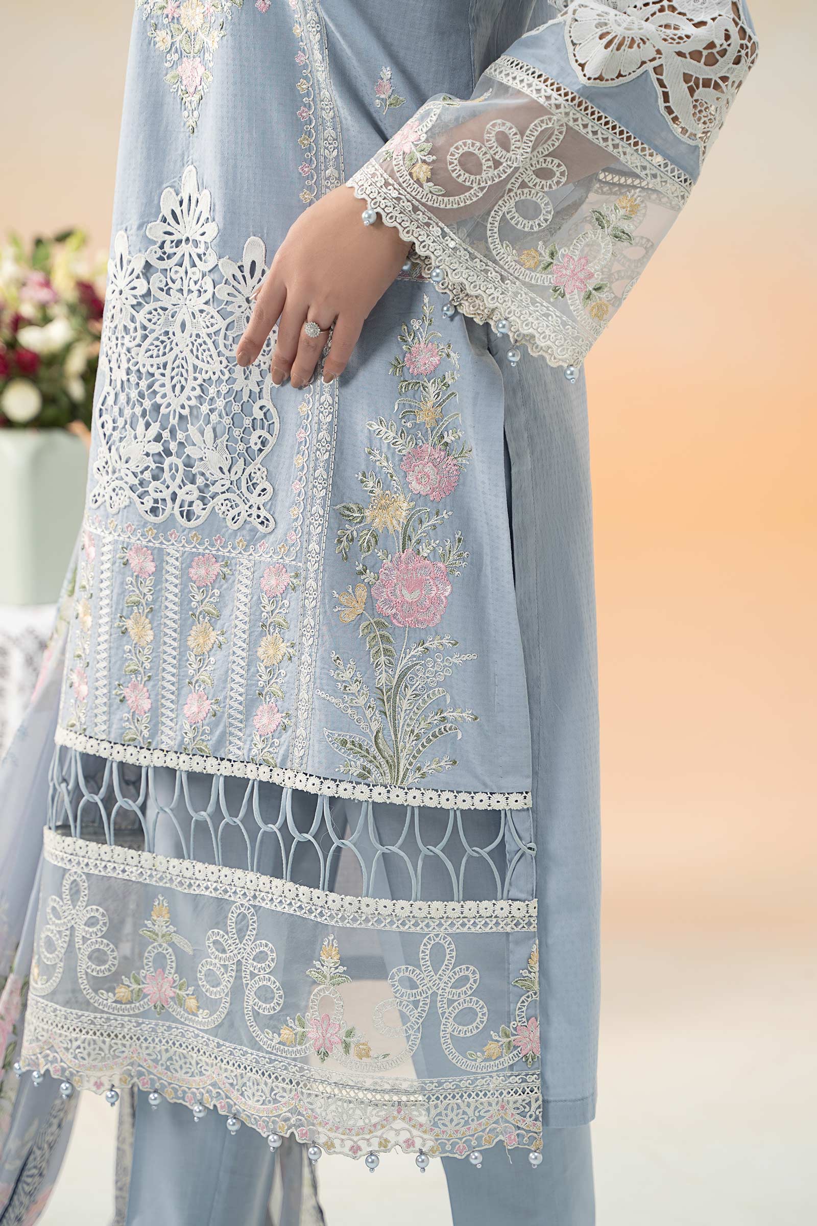 Pakistani Ice Blue Embroidered Dobby Lawn 3-Piece Suit - Image 5