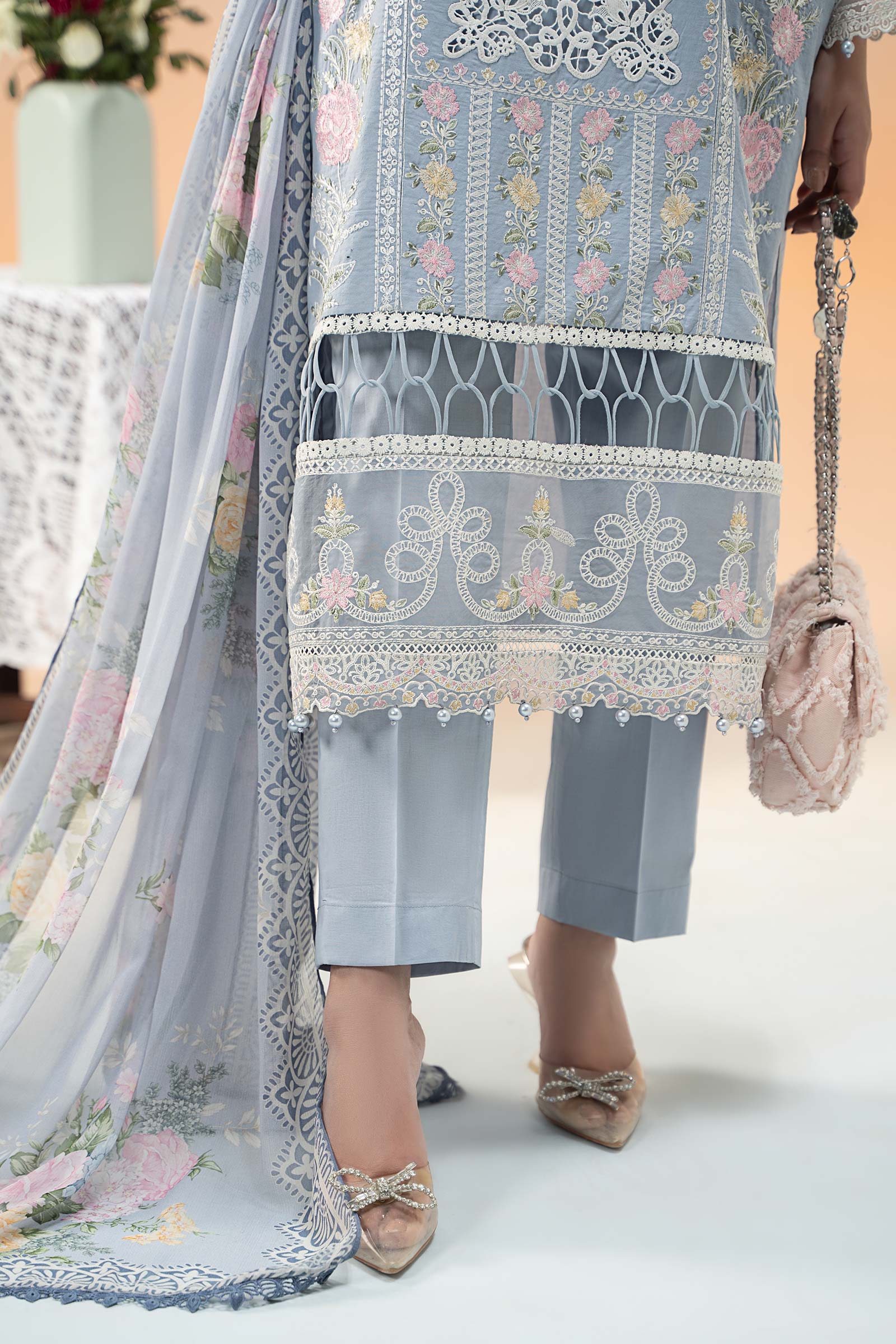 Pakistani Ice Blue Embroidered Dobby Lawn 3-Piece Suit - Image 6