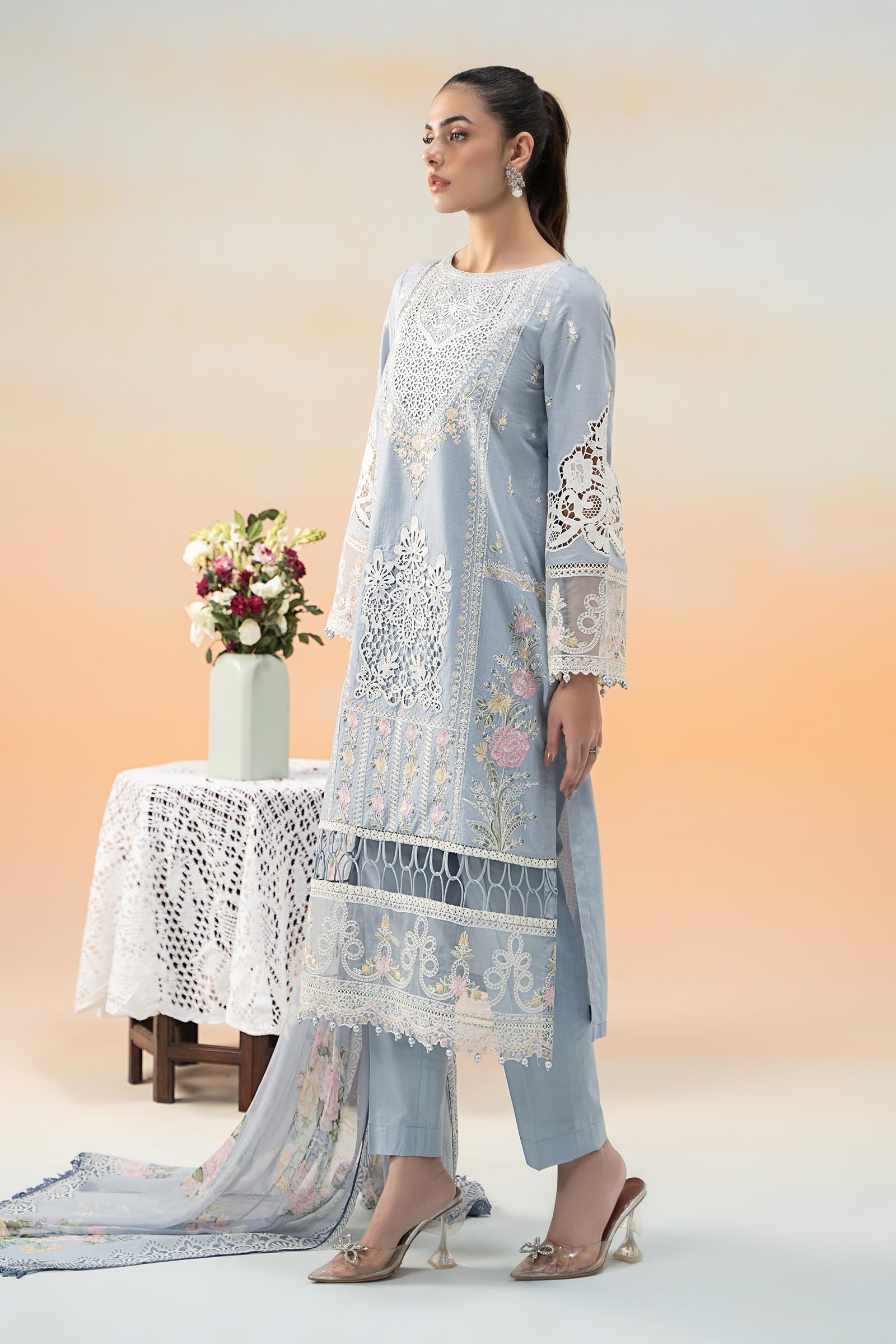 Pakistani Ice Blue Embroidered Dobby Lawn 3-Piece Suit - Image 7