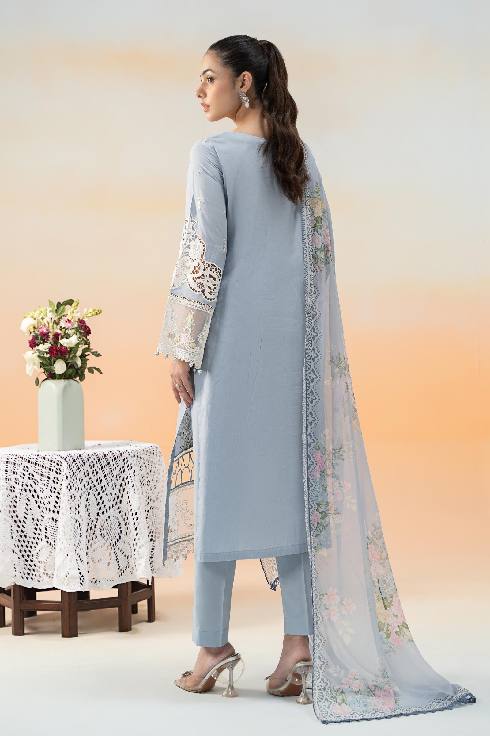 Pakistani Ice Blue Embroidered Dobby Lawn 3-Piece Suit - Image 8