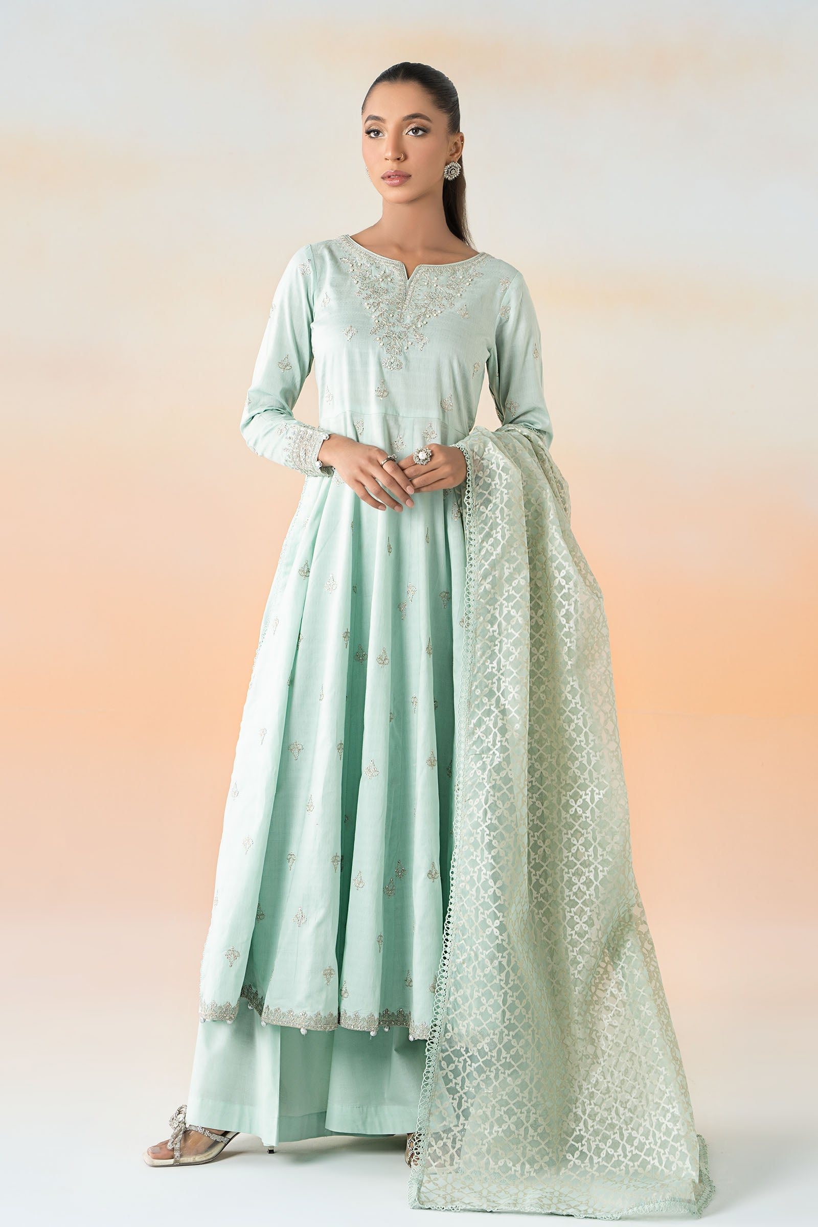 Sky Blue Embroidered Dobby Lawn Salwar Kameez (3-Piece) - Image 1