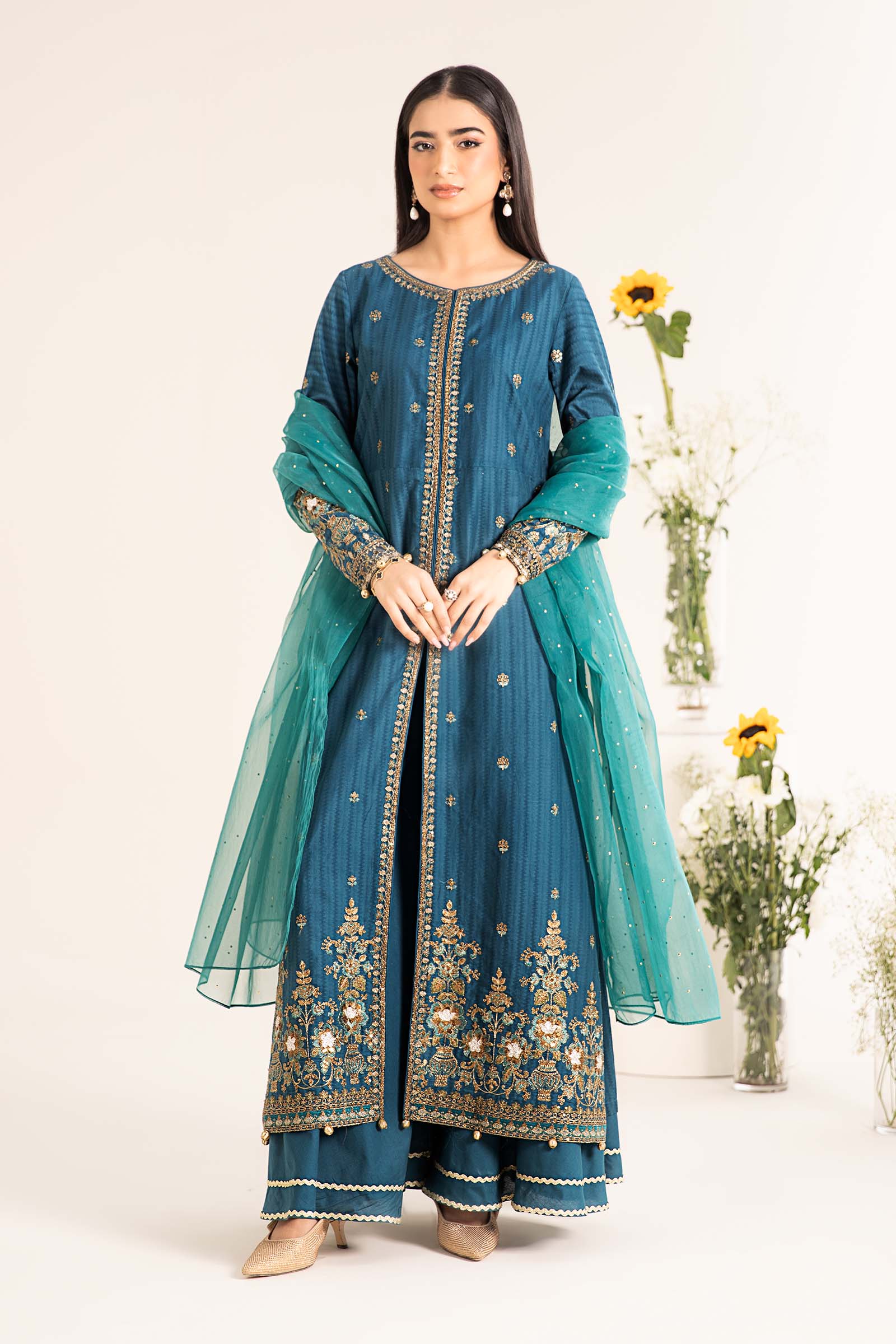 Pakistani Blue Embroidered Dobby Lawn Salwar Kameez (3-Piece) - Image 1