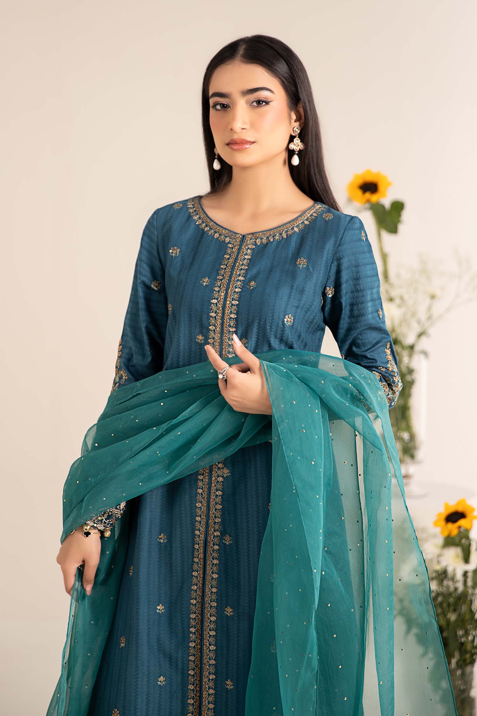 Pakistani Blue Embroidered Dobby Lawn Salwar Kameez (3-Piece) - Image 2