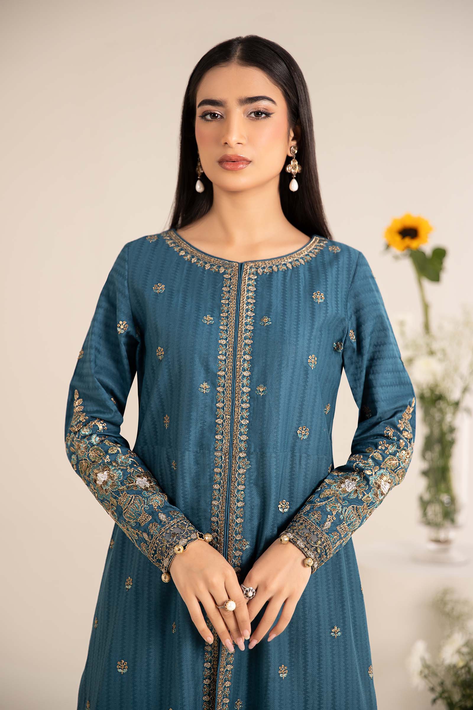 Pakistani Blue Embroidered Dobby Lawn Salwar Kameez (3-Piece) - Image 3