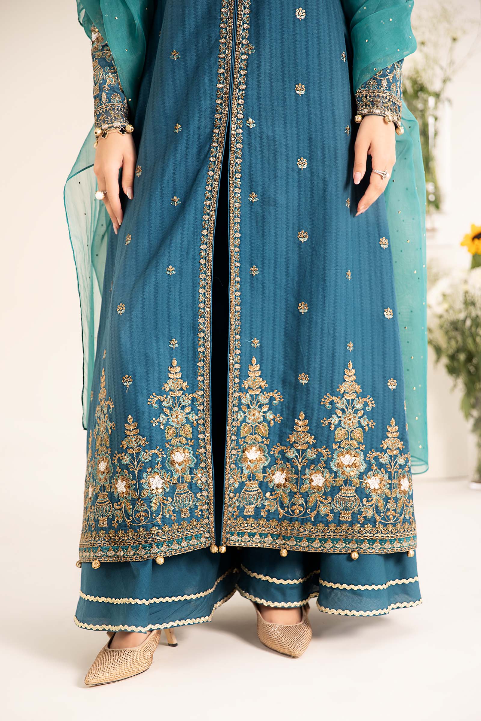 Pakistani Blue Embroidered Dobby Lawn Salwar Kameez (3-Piece) - Image 4