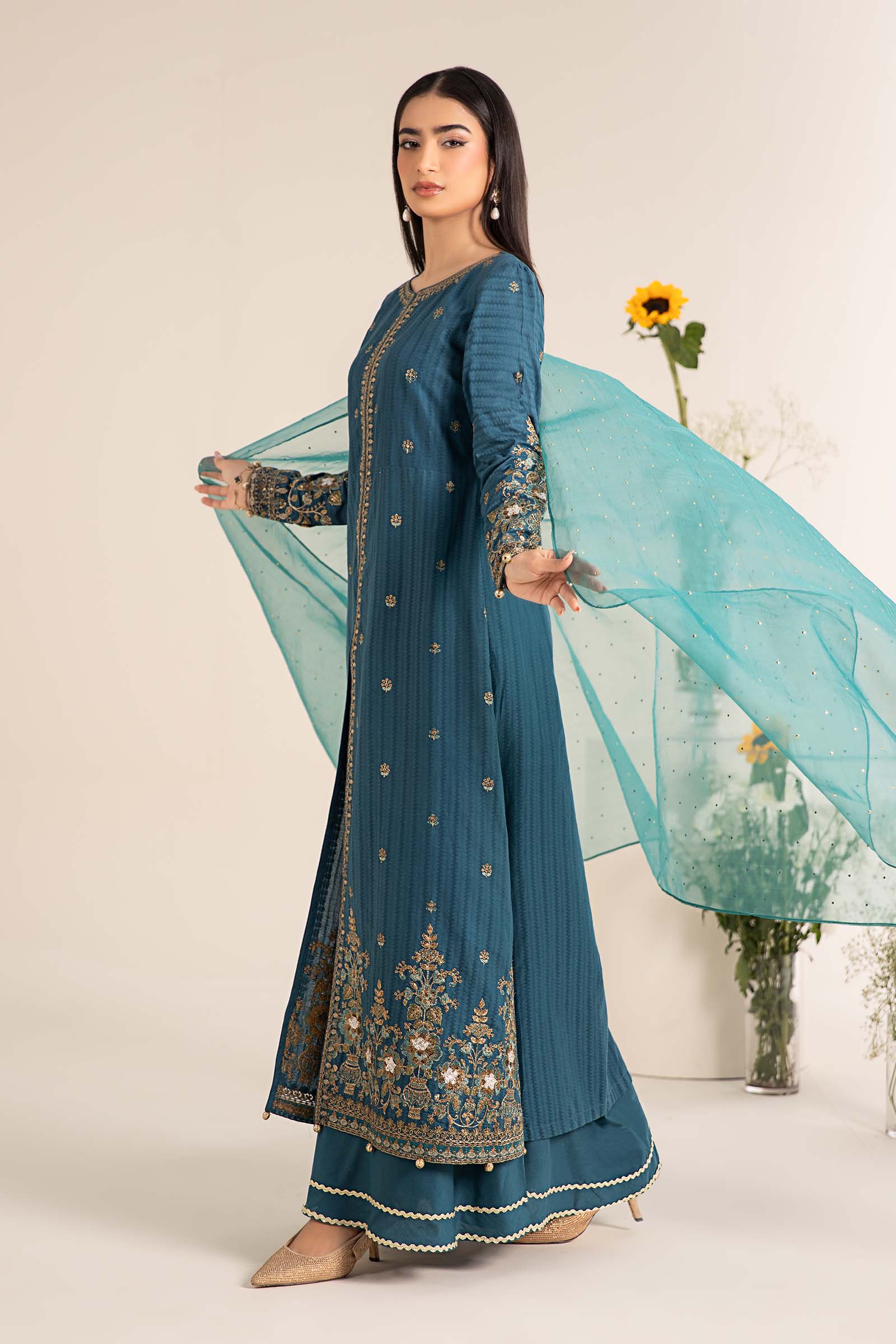 Pakistani Blue Embroidered Dobby Lawn Salwar Kameez (3-Piece) - Image 5