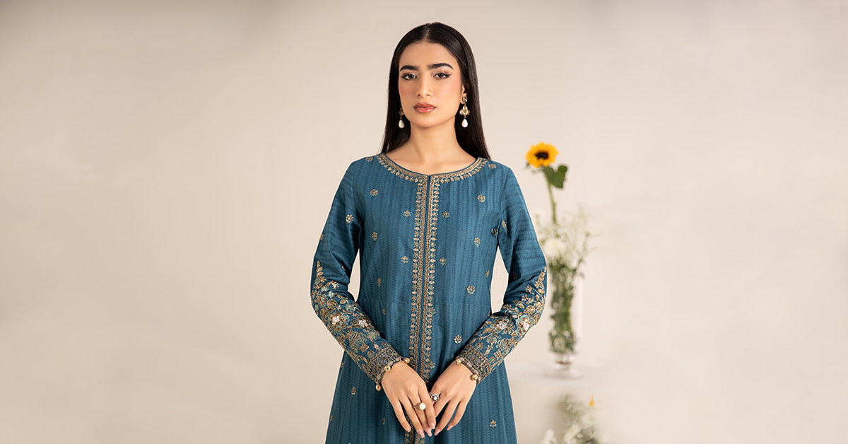 Pakistani Blue Embroidered Dobby Lawn Salwar Kameez (3-Piece) - Image 7