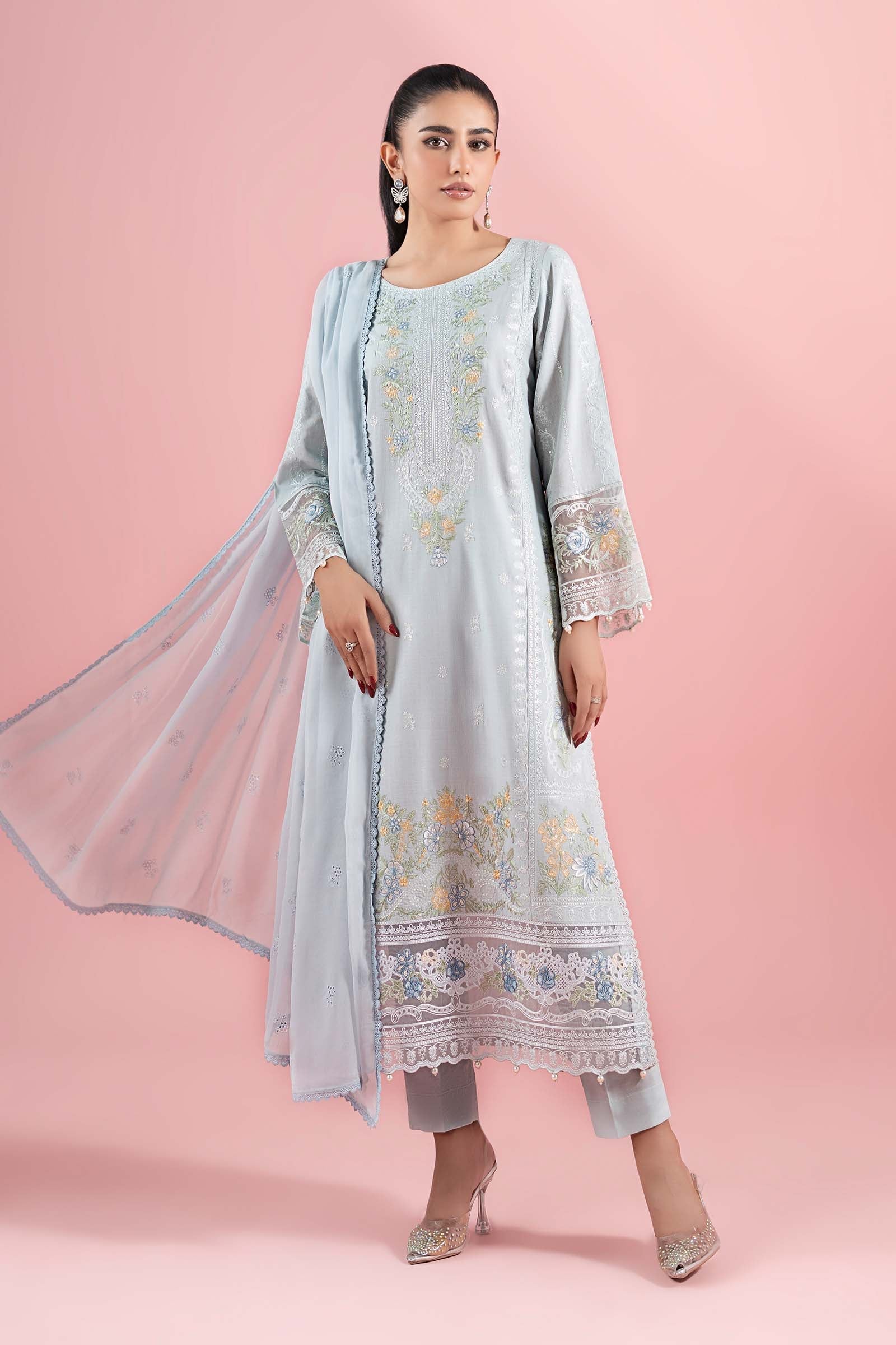 Pastel Blue Embroidered Dobby 3-Piece Suit - Image 1