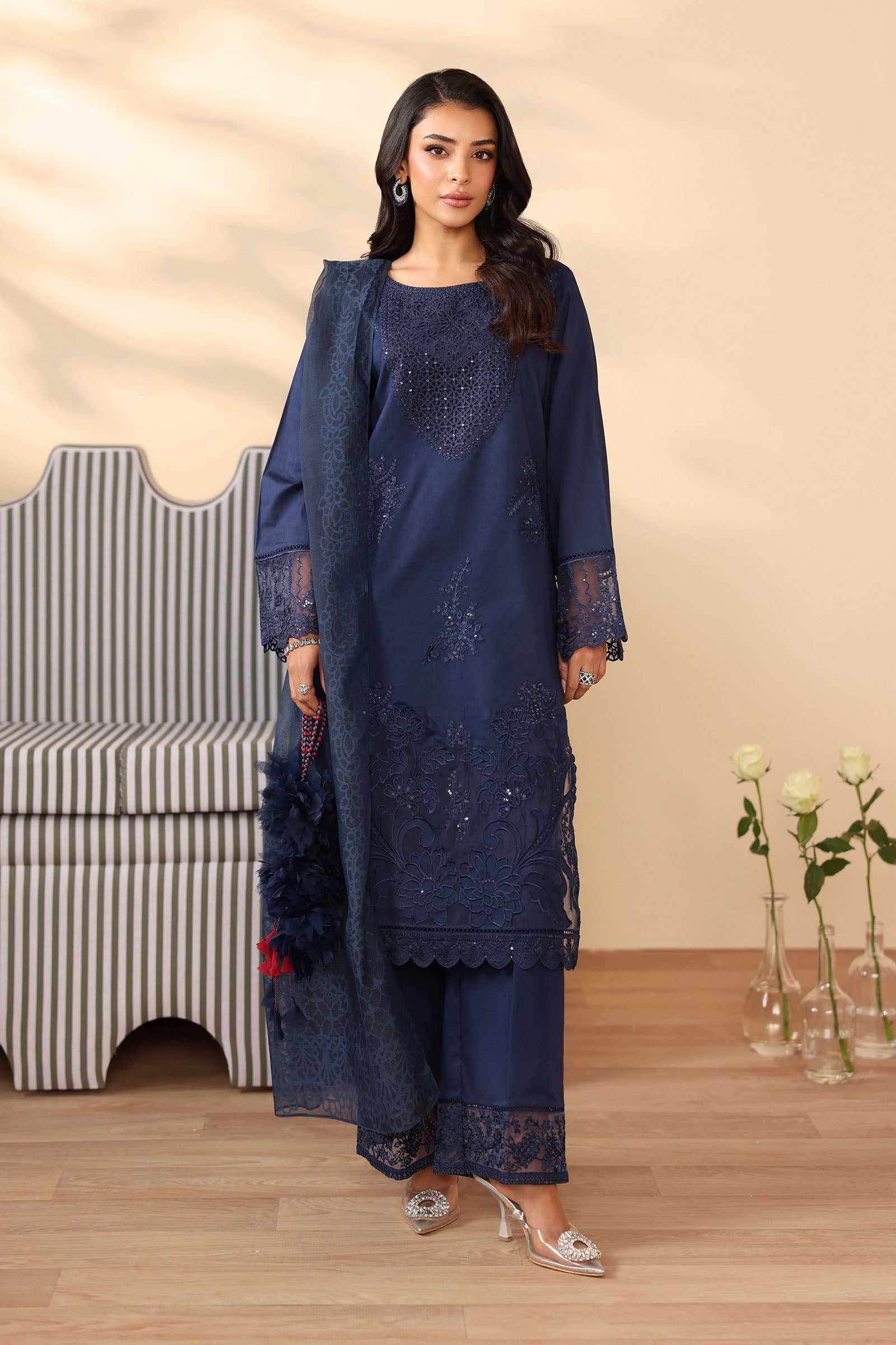 Pakistani Navy Embroidered Dobby 3-Piece Salwar Kameez - Image 1