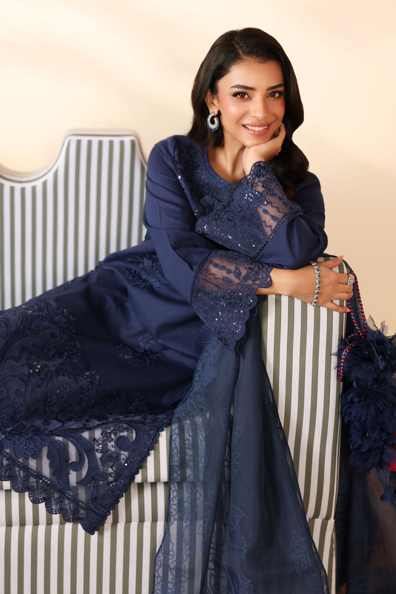 Pakistani Navy Embroidered Dobby 3-Piece Salwar Kameez - Image 2