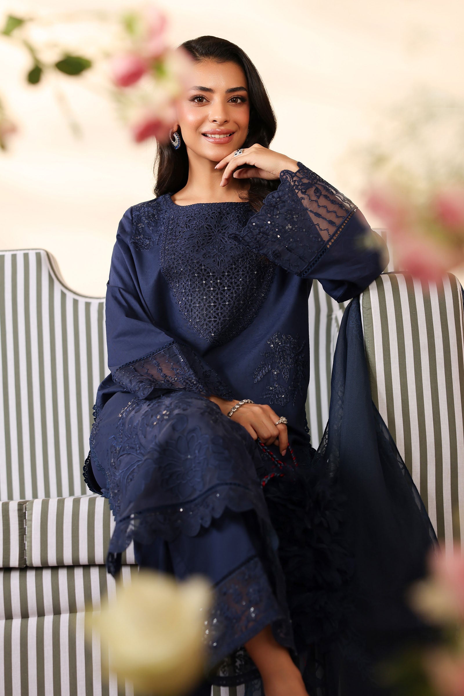 Pakistani Navy Embroidered Dobby 3-Piece Salwar Kameez - Image 3