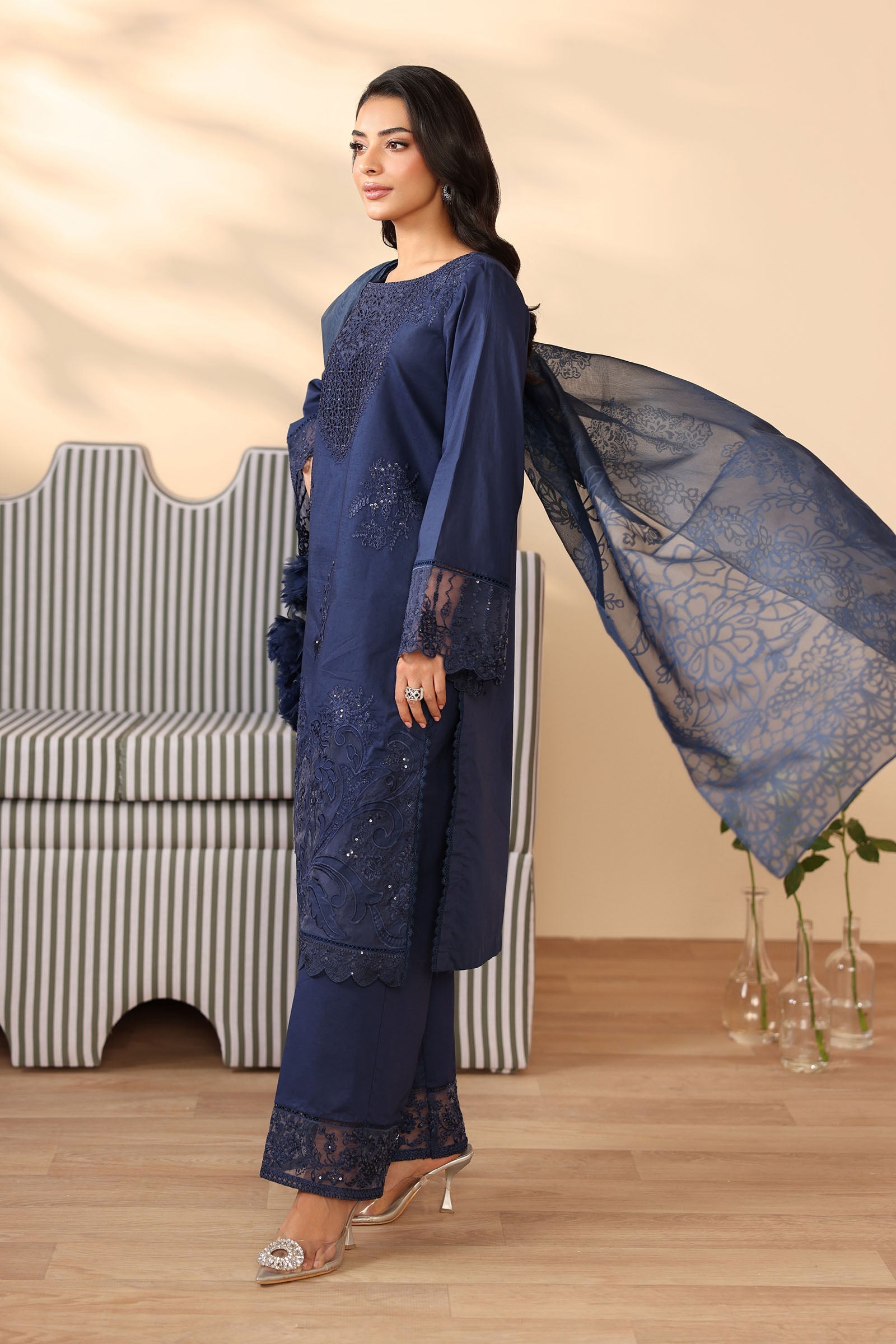 Pakistani Navy Embroidered Dobby 3-Piece Salwar Kameez - Image 4