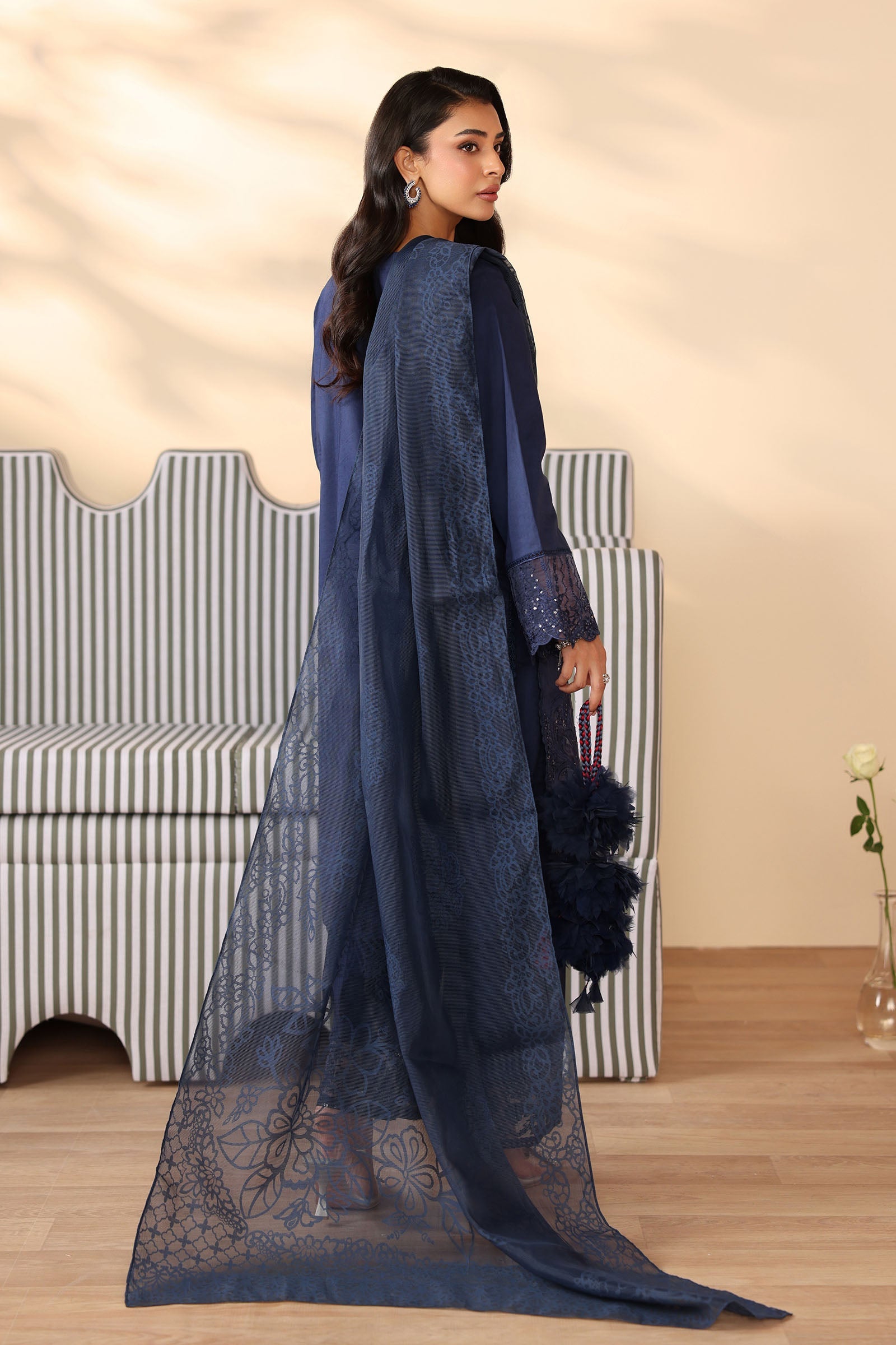 Pakistani Navy Embroidered Dobby 3-Piece Salwar Kameez - Image 5