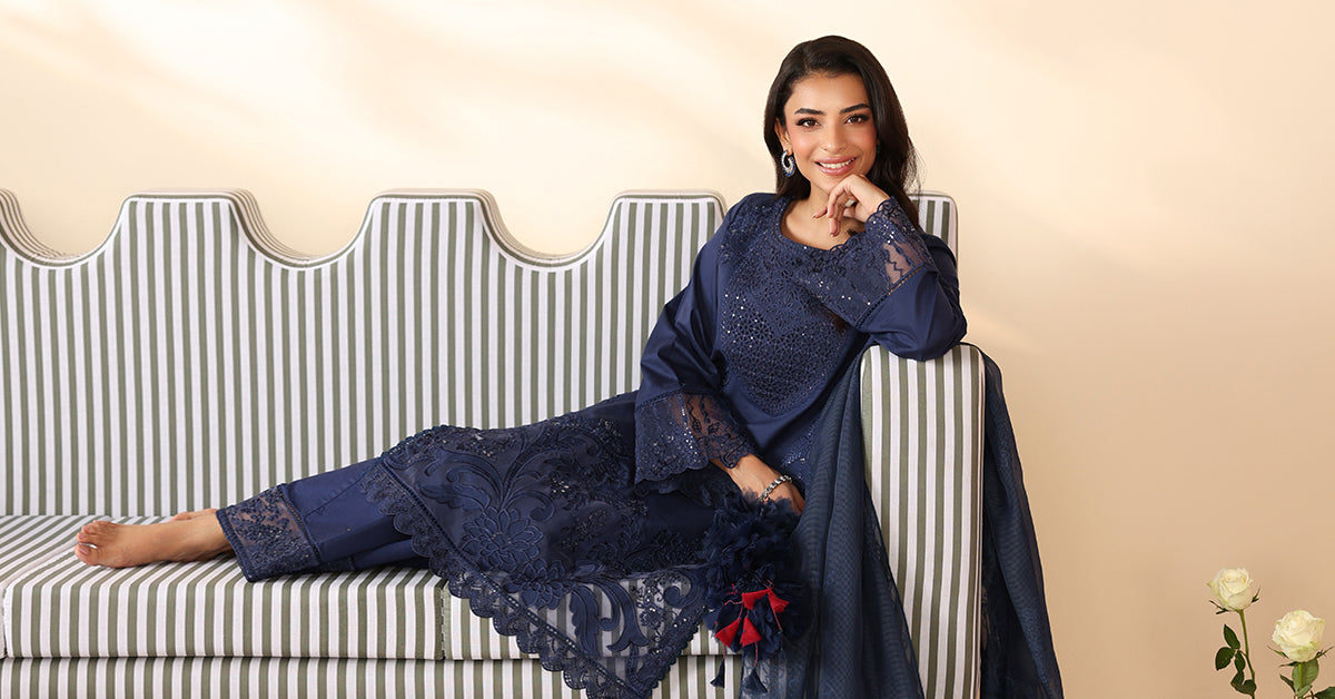 Pakistani Navy Embroidered Dobby 3-Piece Salwar Kameez - Image 6