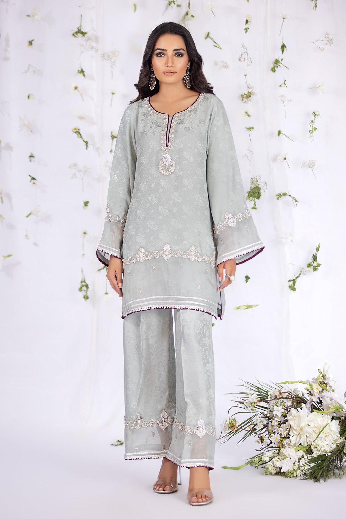 Pakistani Light Greyish-Blue Embroidered Silk Salwar Kameez (2-Piece) - Image 1
