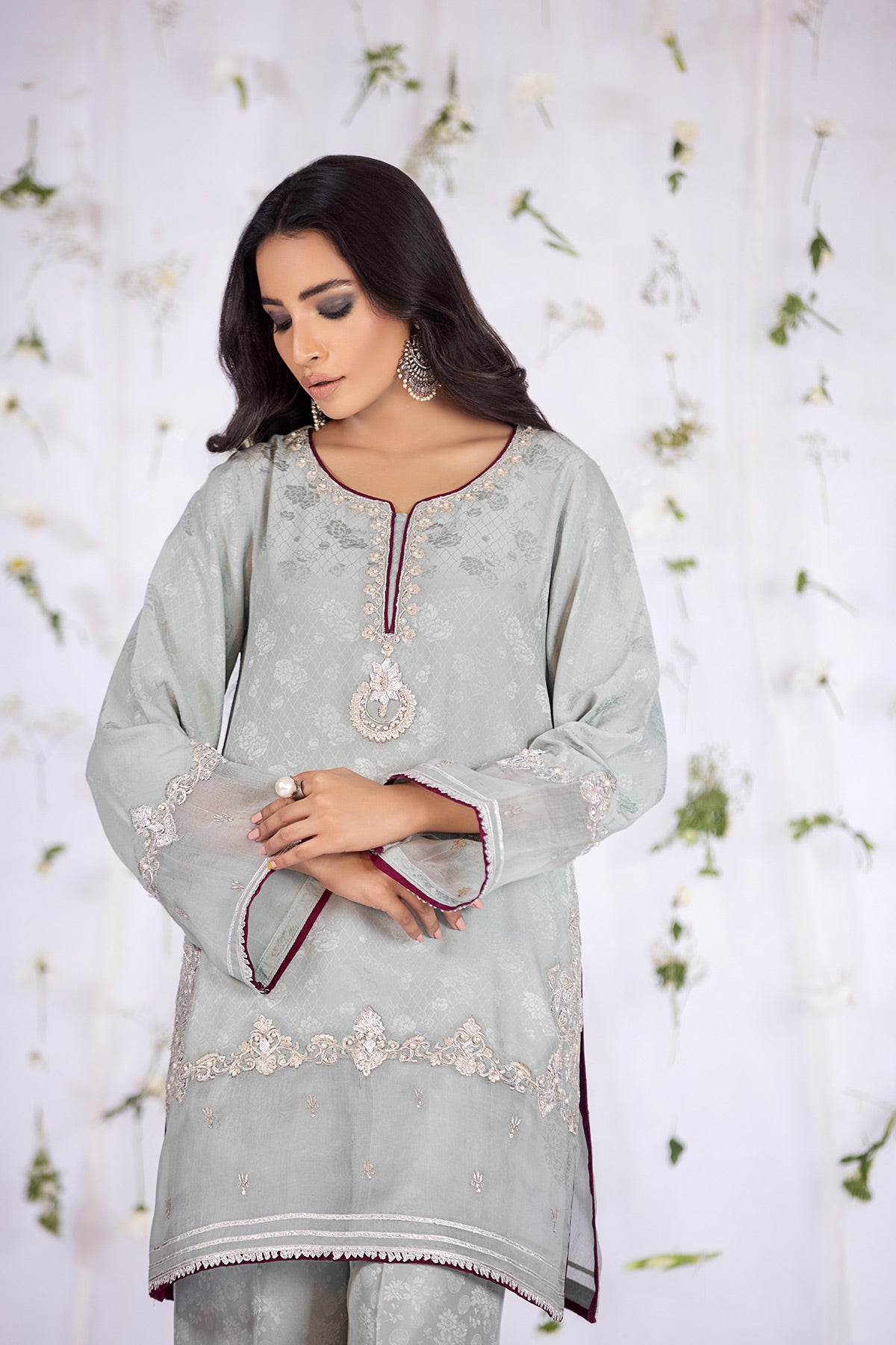 Pakistani Light Greyish-Blue Embroidered Silk Salwar Kameez (2-Piece) - Image 2