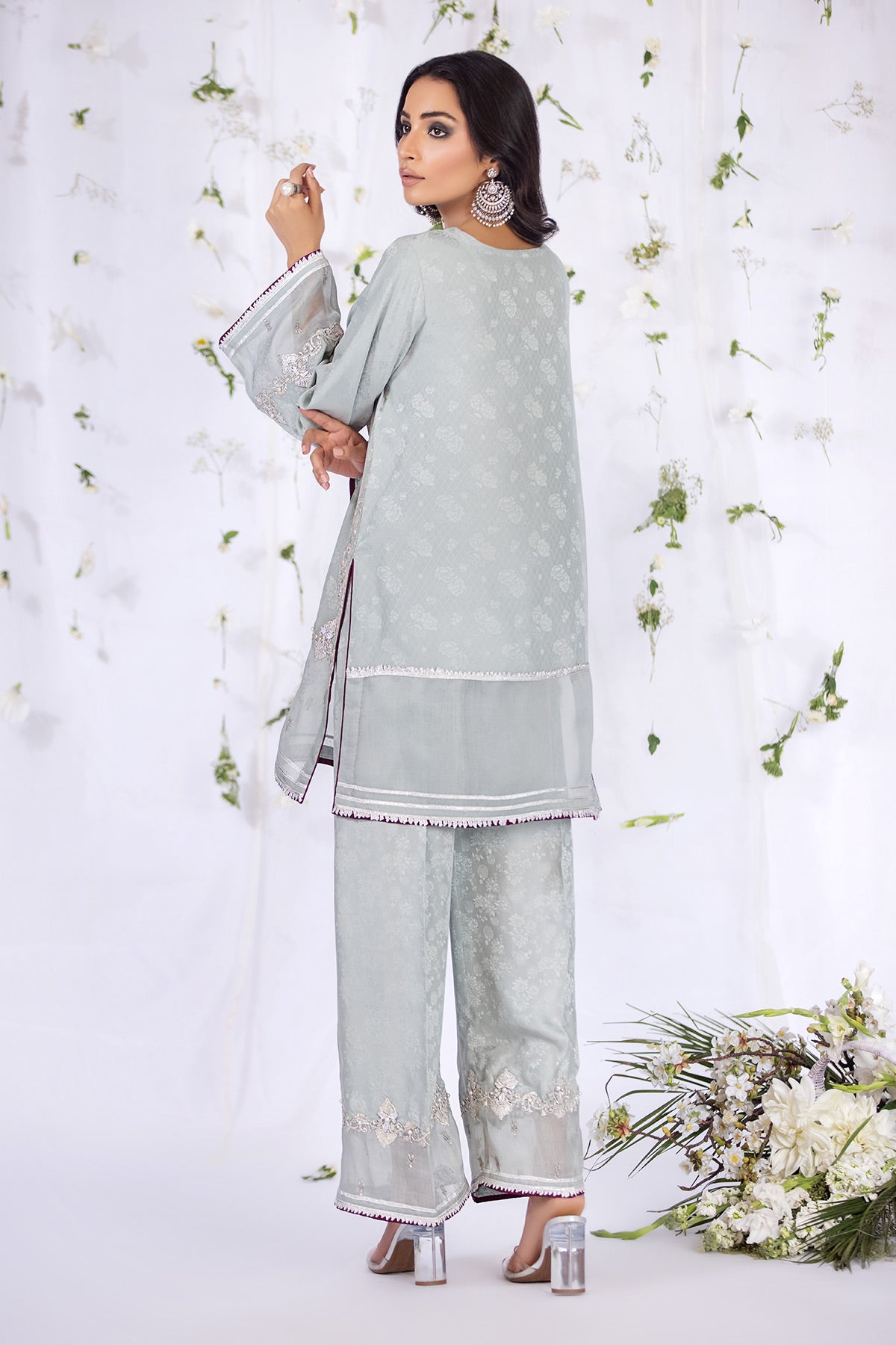 Pakistani Light Greyish-Blue Embroidered Silk Salwar Kameez (2-Piece) - Image 3