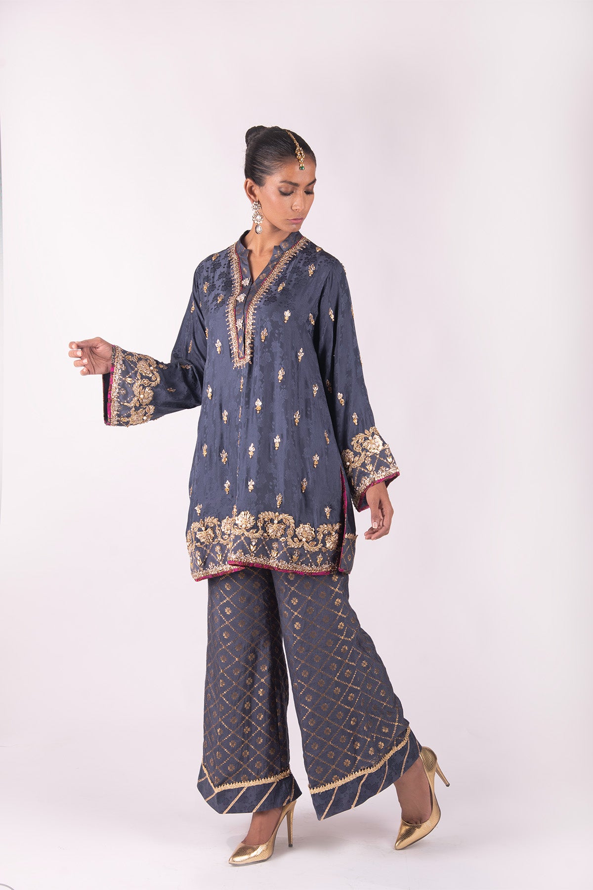 Dull Blue Embroidered Silk Salwar Kameez (3-Piece) - Image 1