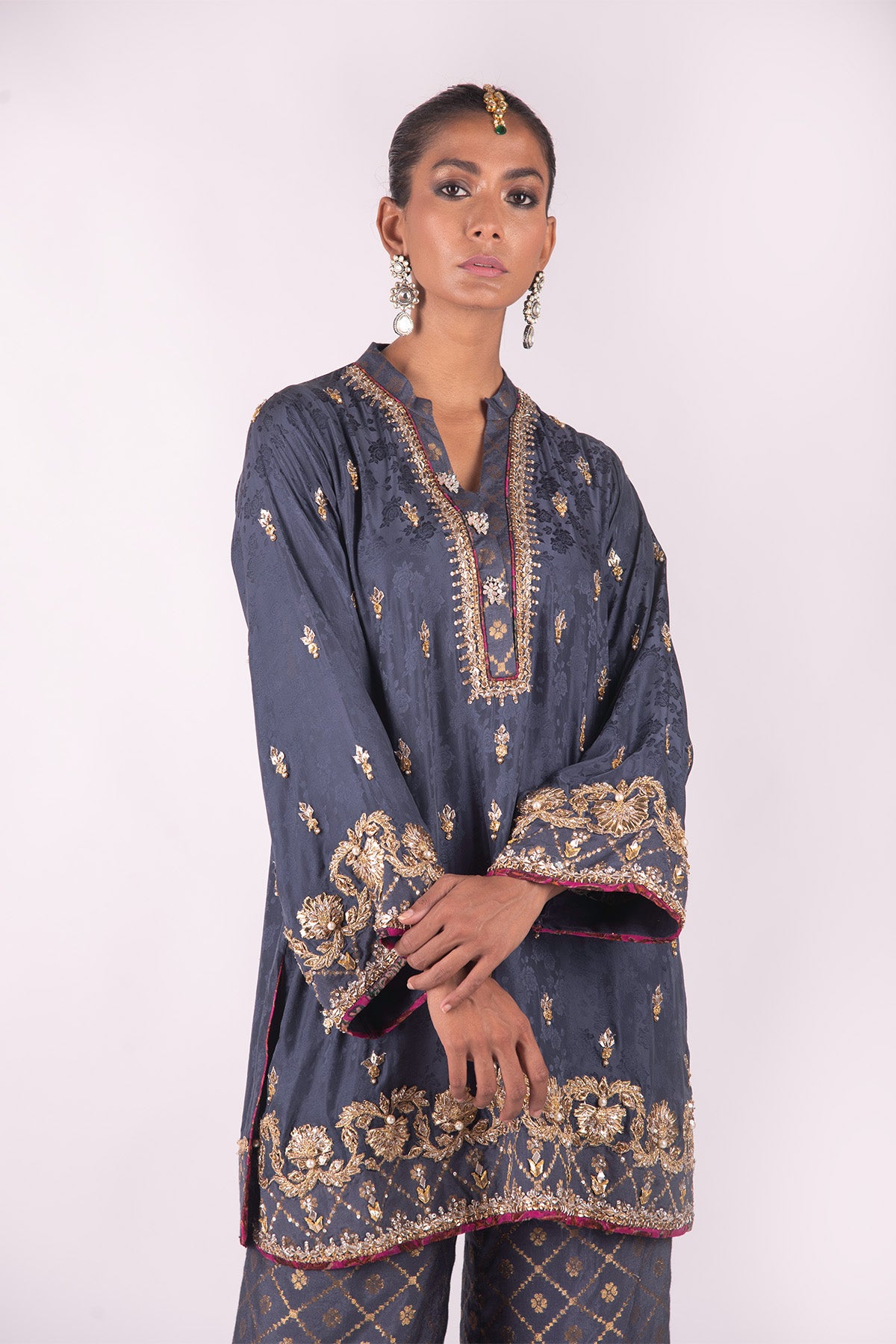 Dull Blue Embroidered Silk Salwar Kameez (3-Piece) - Image 3
