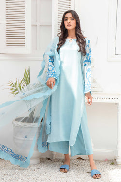 Pakistani Frosty Blue Appliqué French Cotton Net Salwar Kameez (3-Piece) - Image 1