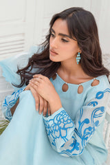Pakistani Frosty Blue Appliqué French Cotton Net Salwar Kameez (3-Piece) - Image 3