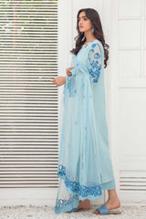 Pakistani Frosty Blue Appliqué French Cotton Net Salwar Kameez (3-Piece) - Image 4