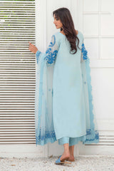 Pakistani Frosty Blue Appliqué French Cotton Net Salwar Kameez (3-Piece) - Image 7