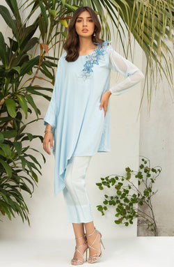 Pakistani Sky Blue 3D Floral Georgette Chiffon Salwar Kameez (2-Piece) - Image 1