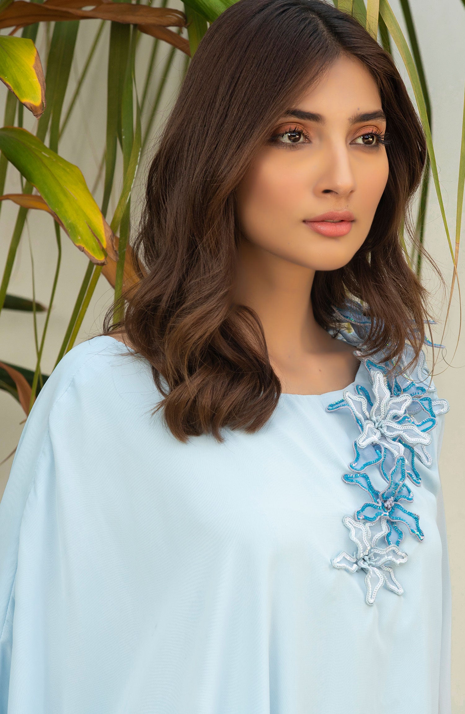 Pakistani Sky Blue 3D Floral Georgette Chiffon Salwar Kameez (2-Piece) - Image 3