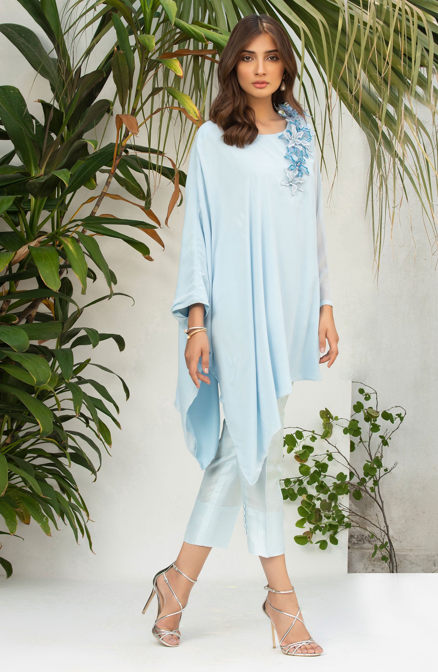 Pakistani Sky Blue 3D Floral Georgette Chiffon Salwar Kameez (2-Piece) - Image 5