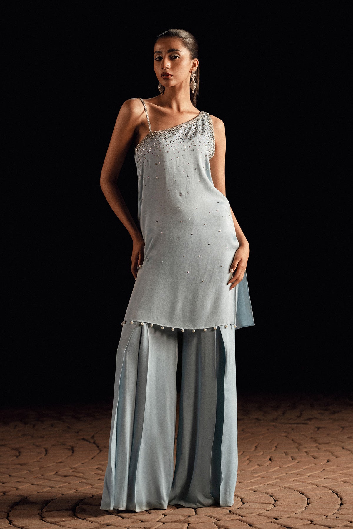 Powder Blue Embellished Georgette Shirt & Pleated Pants (2-Piece) - Image 1