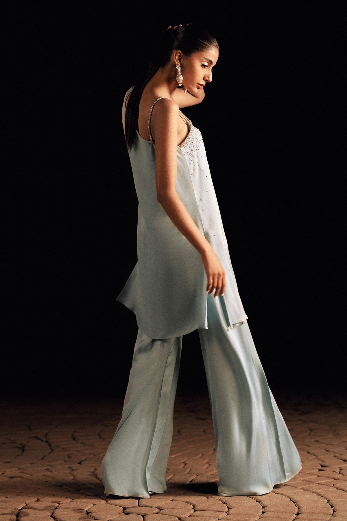 Powder Blue Embellished Georgette Shirt & Pleated Pants (2-Piece) - Image 2