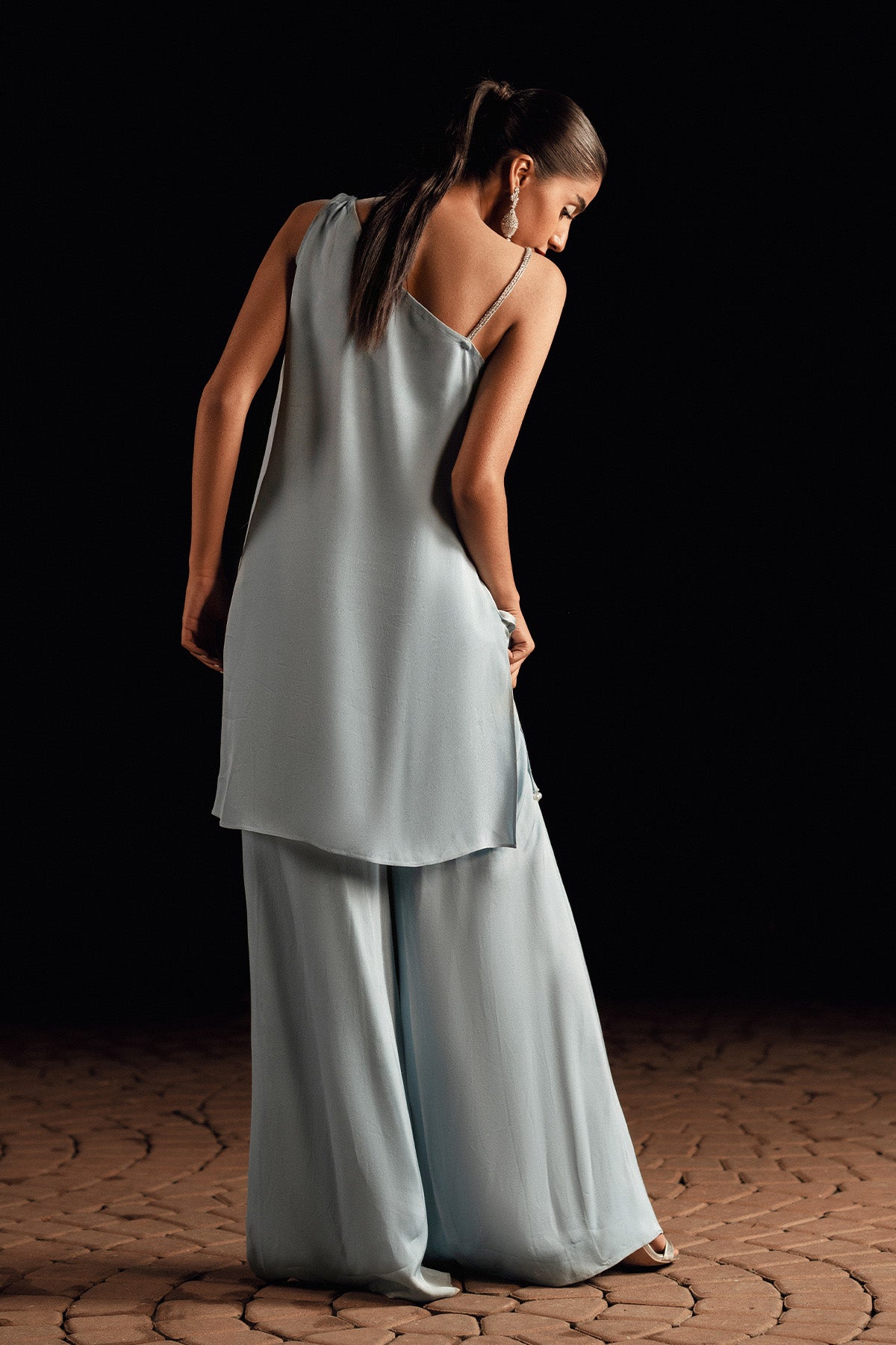 Powder Blue Embellished Georgette Shirt & Pleated Pants (2-Piece) - Image 3