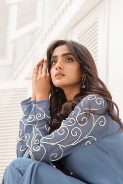 Fern Blue Dori Embroidered Georgette Chiffon Salwar Kameez (3-Piece) - Image 1