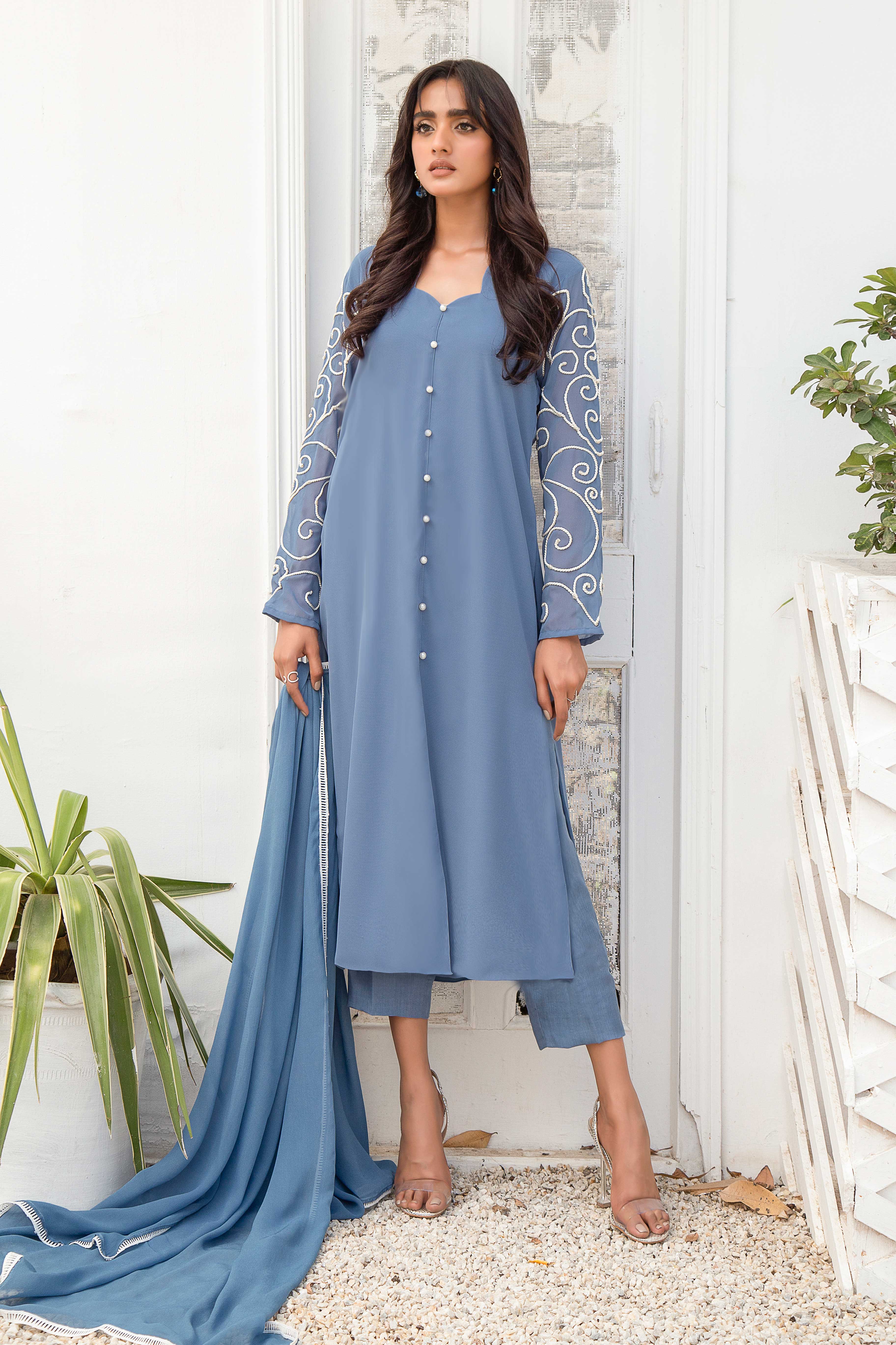 Fern Blue Dori Embroidered Georgette Chiffon Salwar Kameez (3-Piece) - Image 3