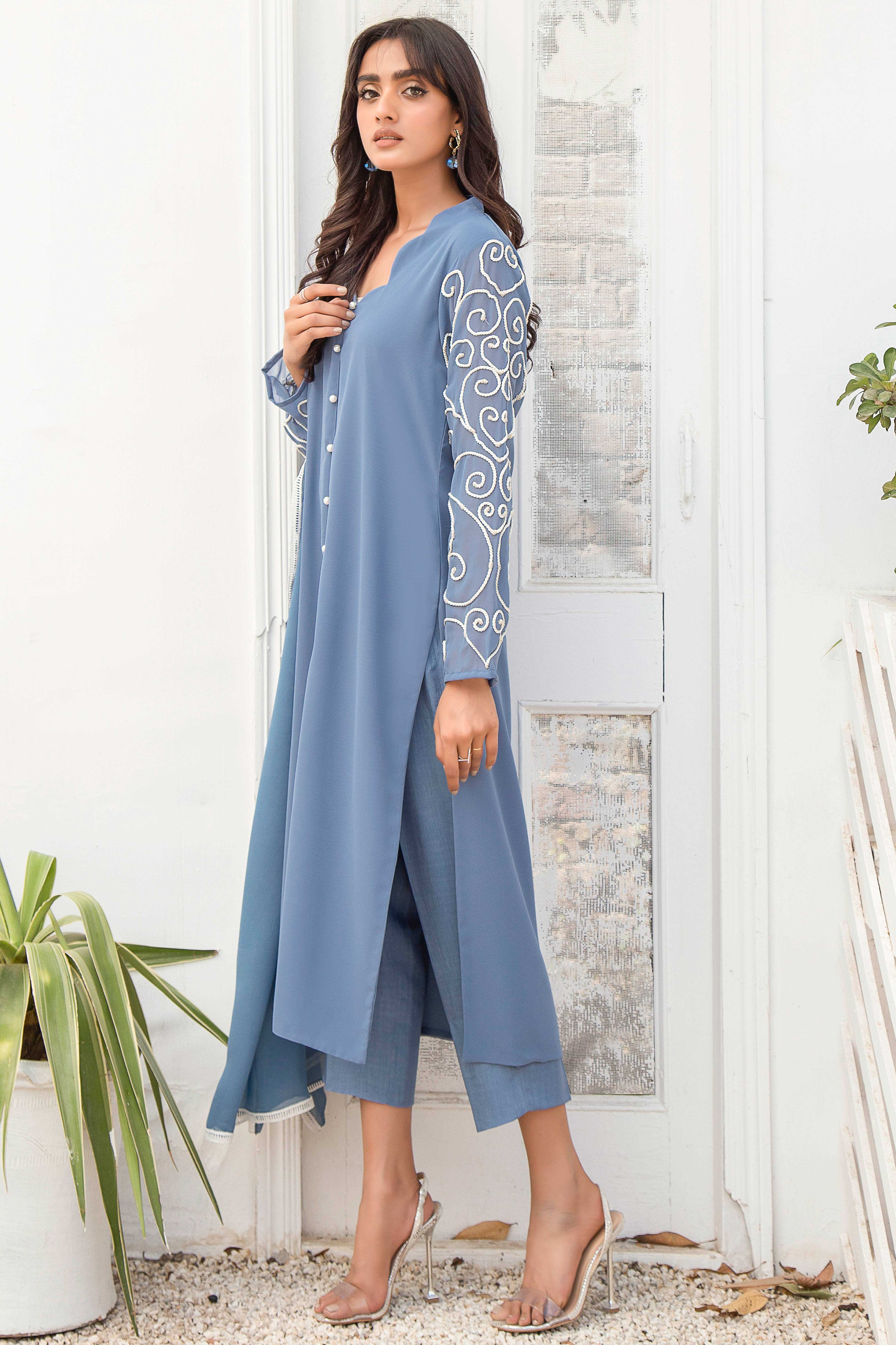 Fern Blue Dori Embroidered Georgette Chiffon Salwar Kameez (3-Piece) - Image 6