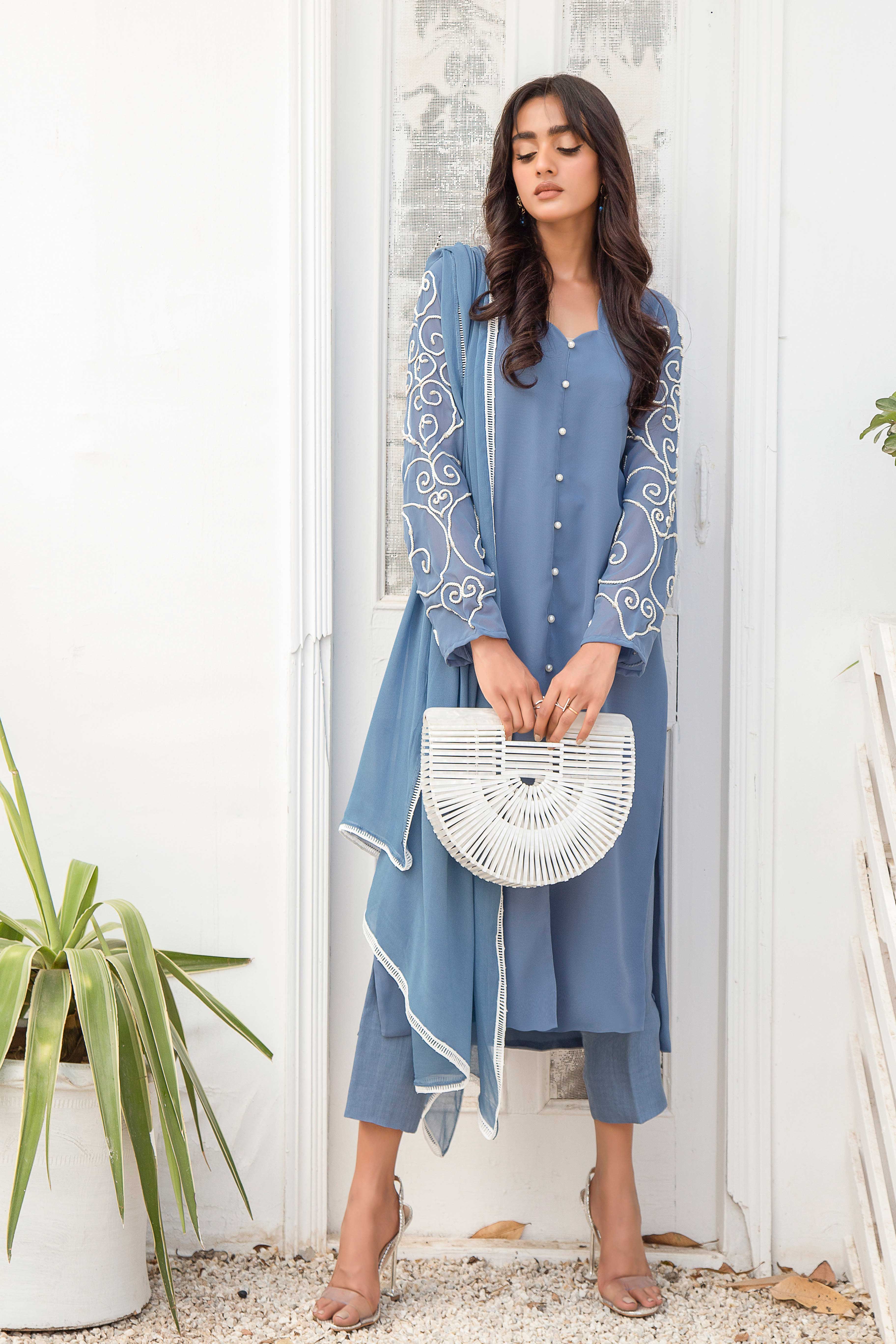 Fern Blue Dori Embroidered Georgette Chiffon Salwar Kameez (3-Piece) - Image 8